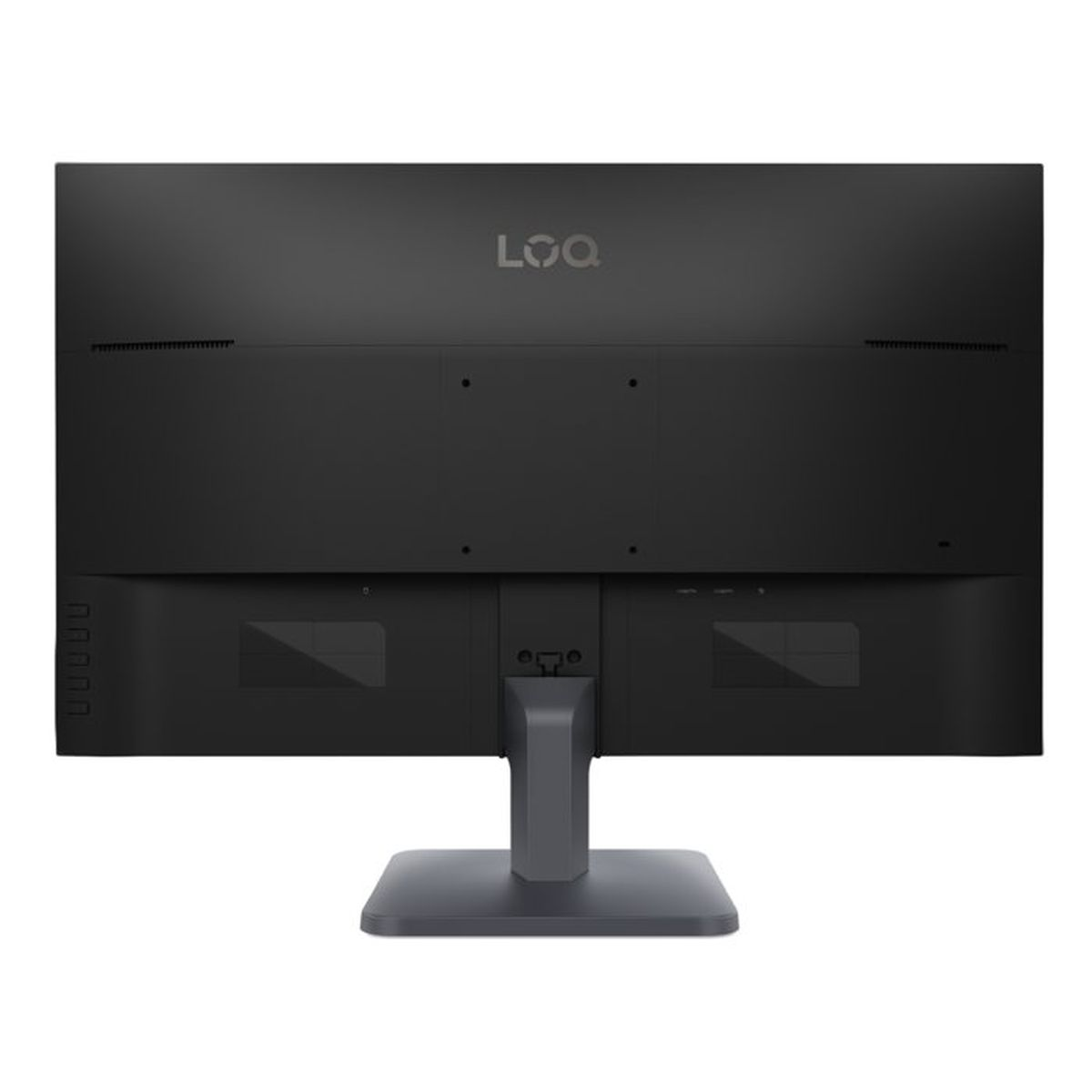 Vista trasera de un monitor negro con soporte, mostrando el logo LOQ sobre fondo liso.