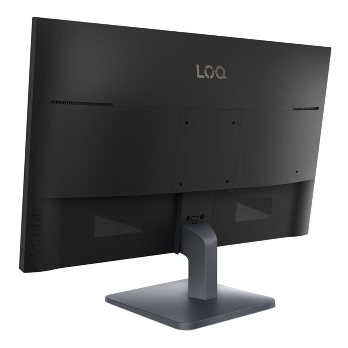 Vista trasera de un monitor de computadora negro Lenovo LOQ con soporte sobre fondo blanco.