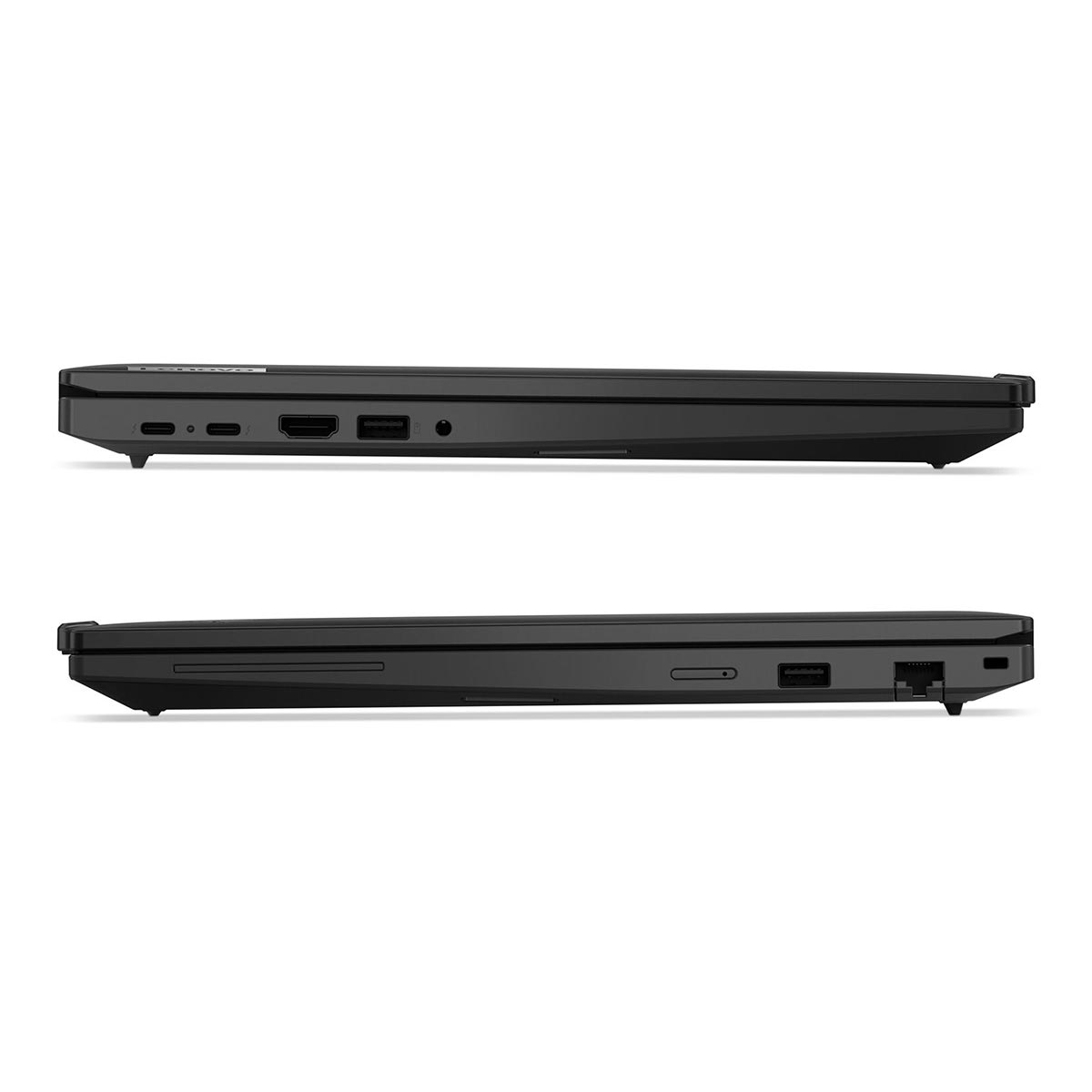 Seitenansichten eines geschlossenen schwarzen Laptops mit verschiedenen Anschlüssen auf beiden Seiten auf weißem Grund.