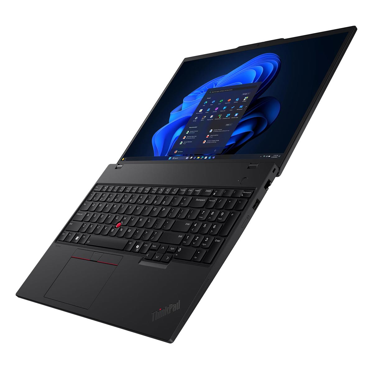 Ein schwarzer Lenovo ThinkPad Laptop mit geöffnetem Bildschirm zeigt ein blaues Hintergrundbild und die Windows-Startseite.