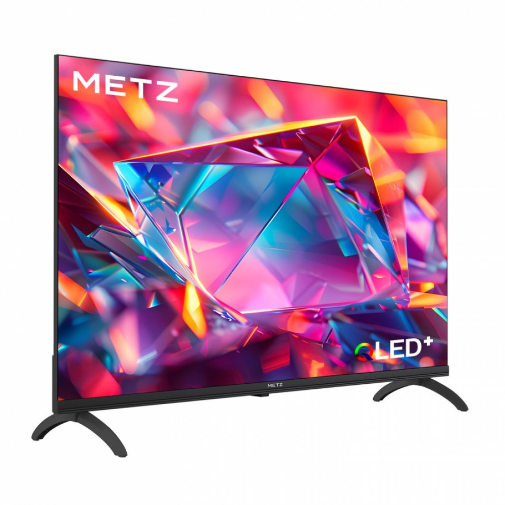 Telewizor Metz QLED+ na zakrzywionych czarnych stojakach wyświetla żywy, kolorowy wzór.