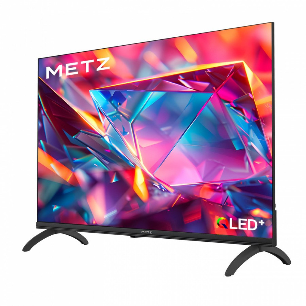 Telewizor Metz QLED+ na zakrzywionych czarnych podstawach, wyświetlający kolorową abstrakcyjną grafikę.