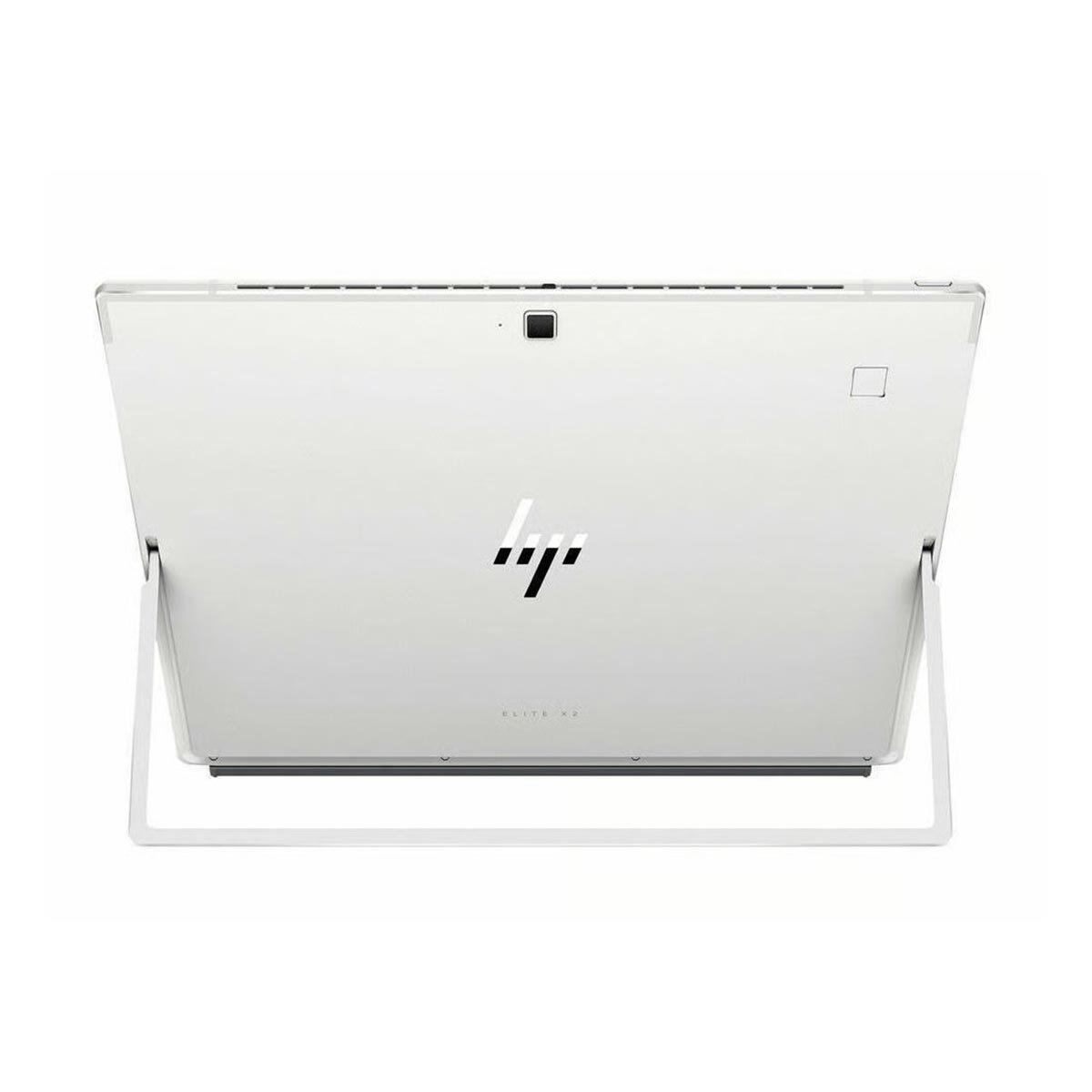 Widok z tyłu srebrnego tabletu HP Elite x2 z rozłożoną podstawką na białym tle.
