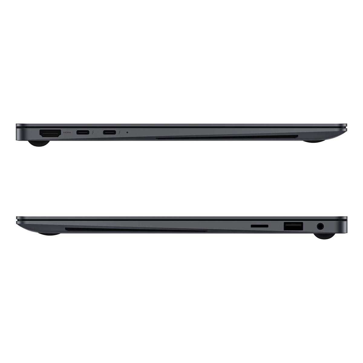 Widoki z boku ciemnego laptopa z portami HDMI, USB-C i audio.