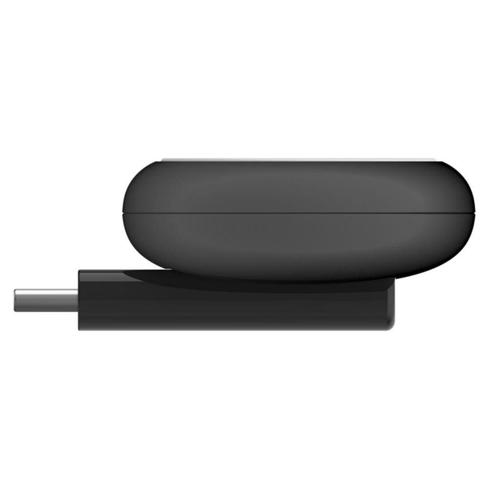 Un dispositivo cilindrico nero con un connettore USB su un lato su sfondo bianco.