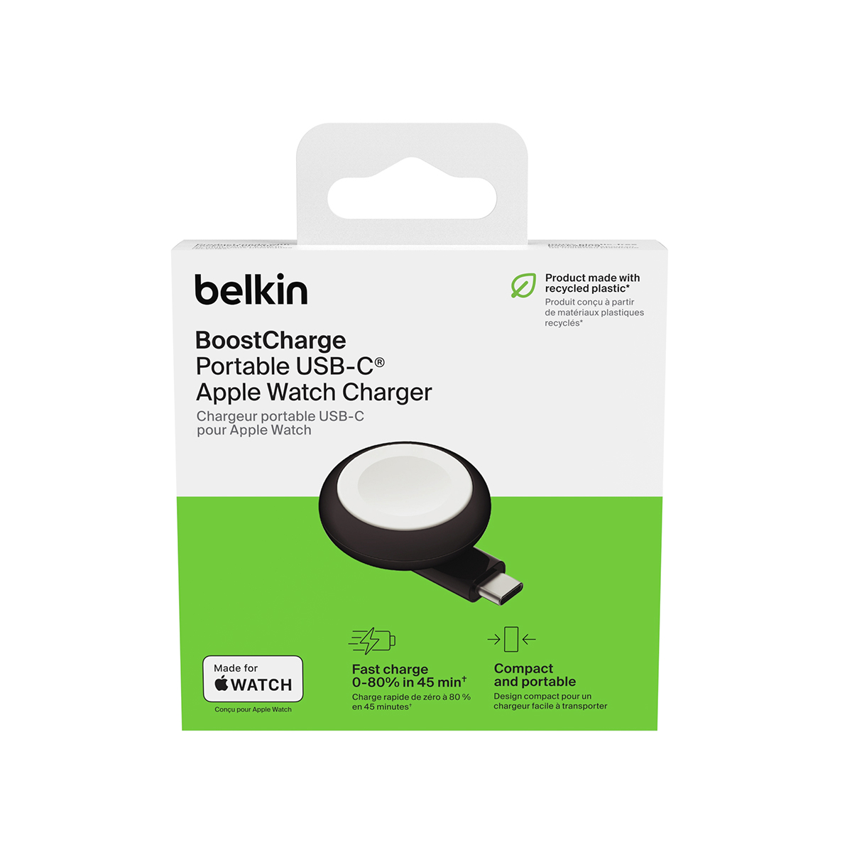 Confezione del caricabatterie portatile USB-C Belkin BoostCharge per Apple Watch su sfondo bianco.