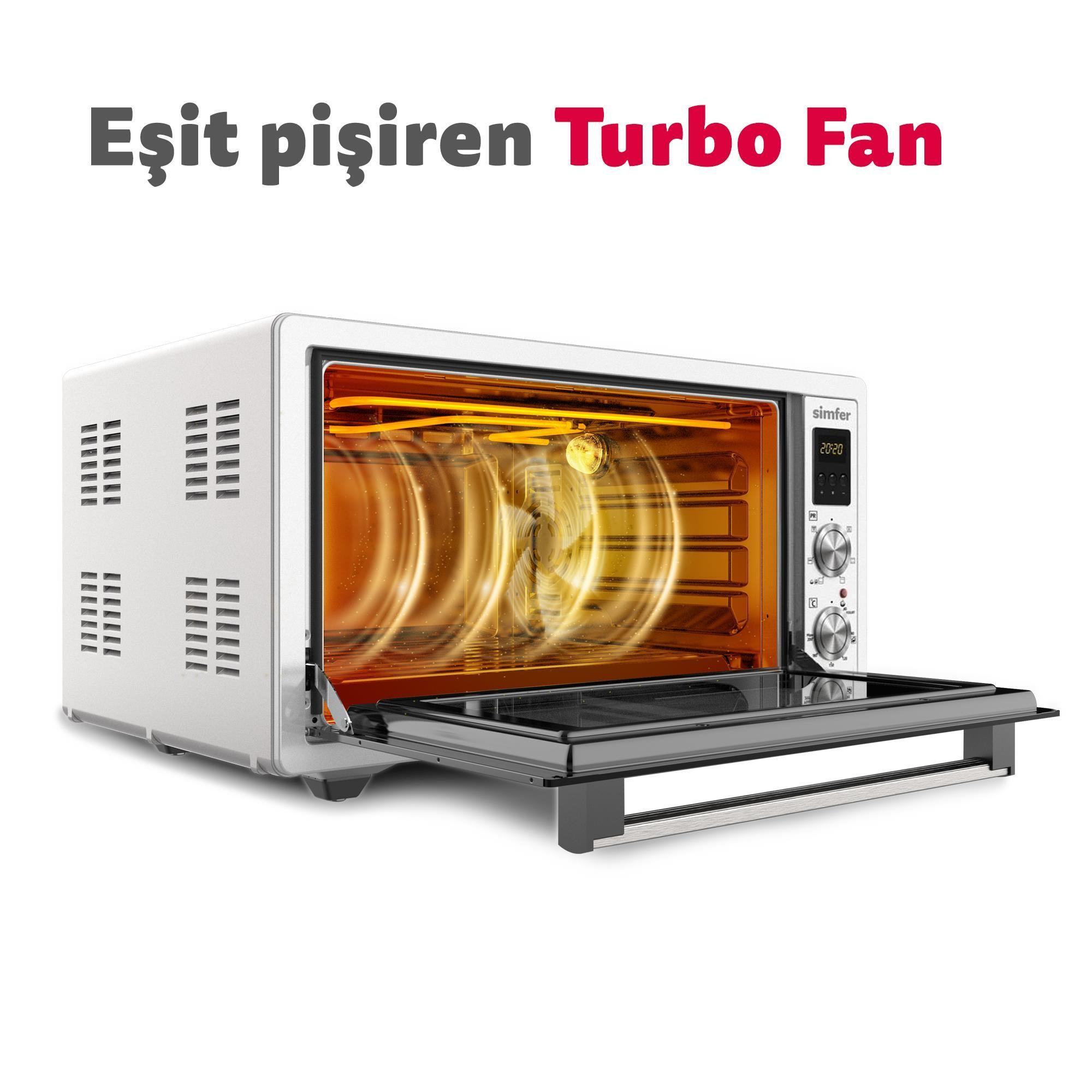 Üstünde Türkçe metin bulunan, içi aydınlatmalı ve turbo fan grafikli, açık kapaklı beyaz mini fırın.
