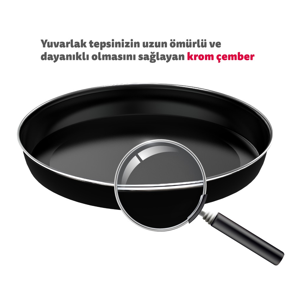 Büyüteçle yakınlaştırılmış parlak krom kenarlı siyah tepsi. Üstte metin.