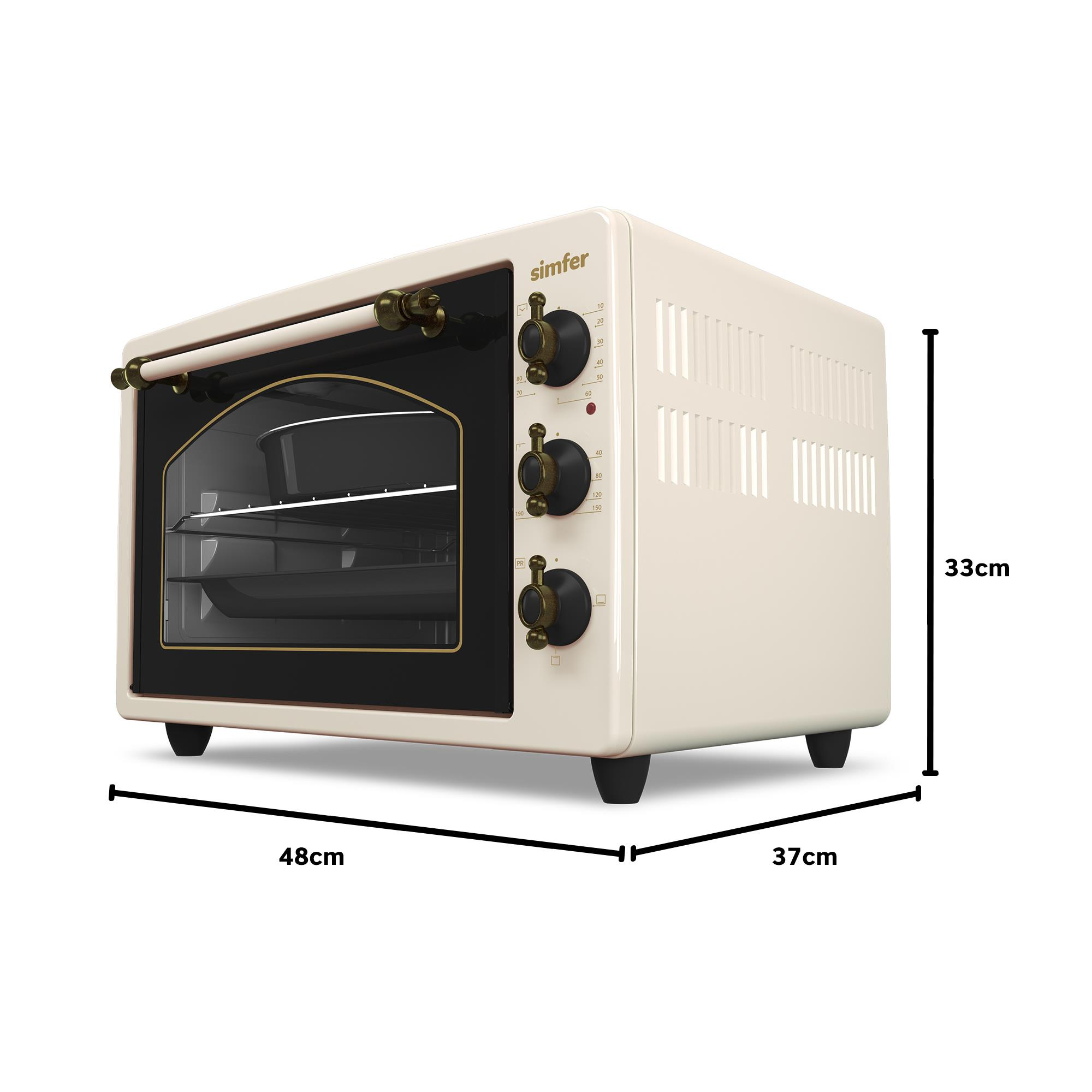 Retro düğmeli krem rengi mini fırın, 48 cm genişlik, 37 cm derinlik ve 33 cm yükseklik ölçülerindedir.