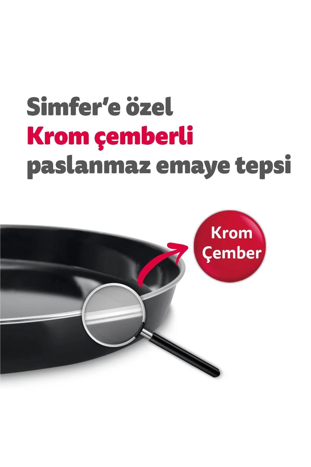 Krom çemberli yuvarlak siyah emaye fırın tepsisi ve büyüteç gösteren reklam görseli.