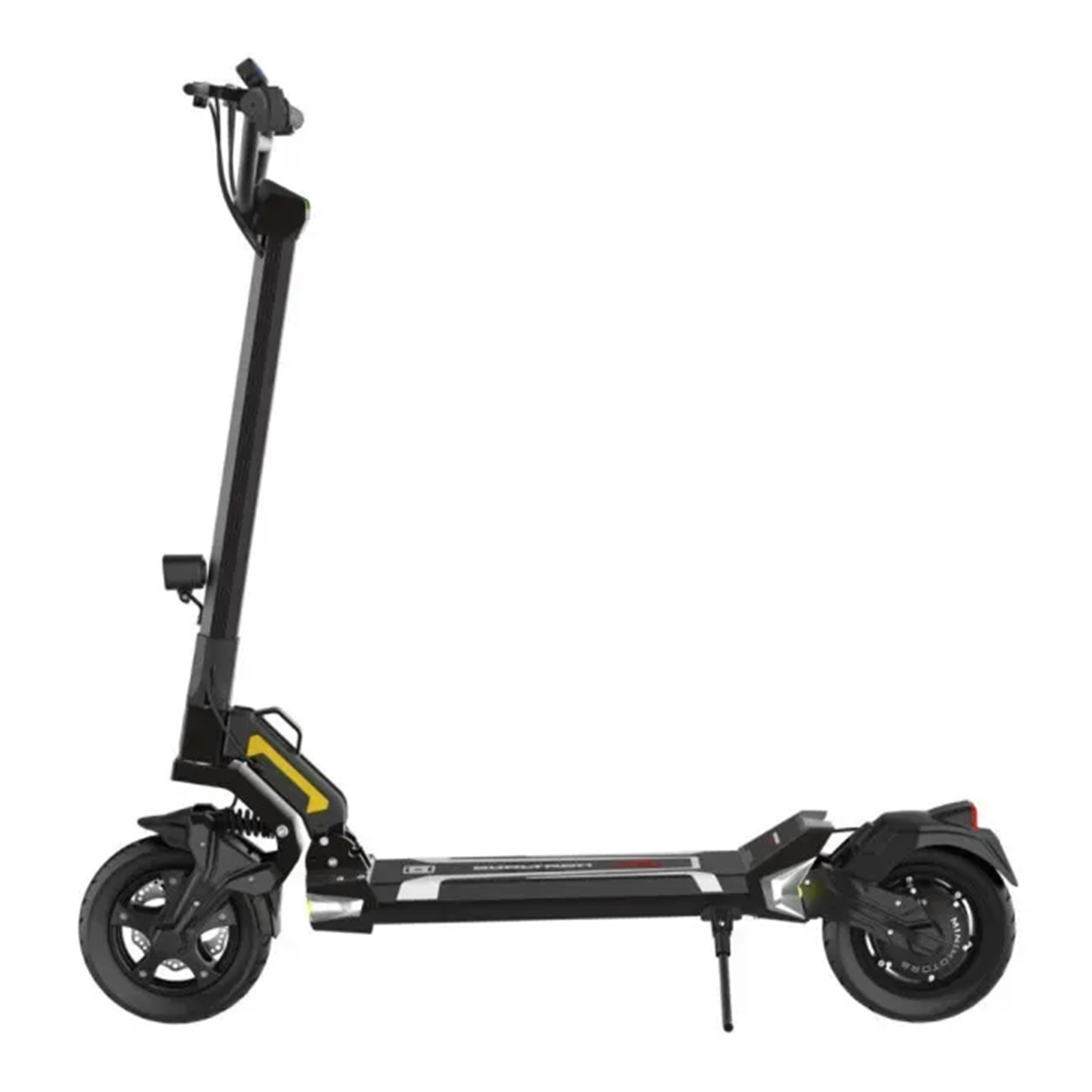 Ayaklıklı siyah elektrikli scooter, beyaz arka planda yoldan görünüm.