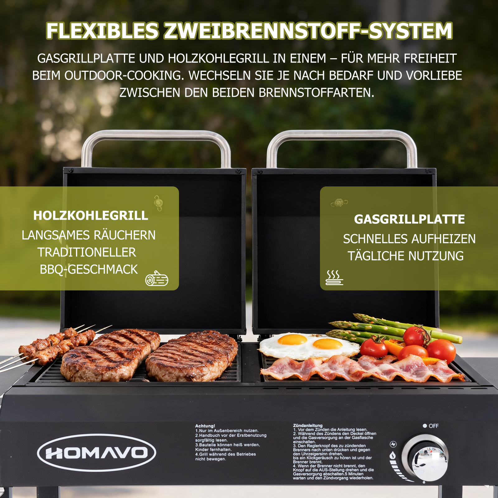 Ein dualer Grill für Gas und Holzkohle mit Steaks auf der linken und Spiegeleiern mit Speck auf der rechten Seite.