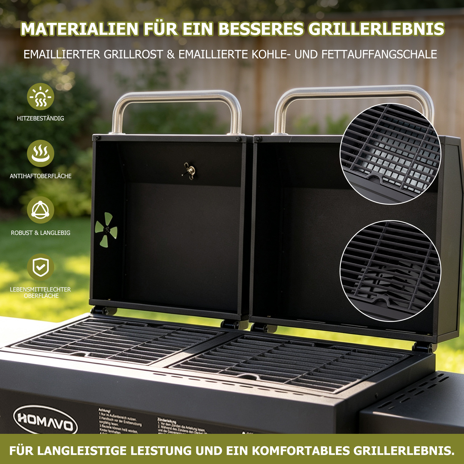 Enameled grill grate and trays with feature icons in an outdoor setting.