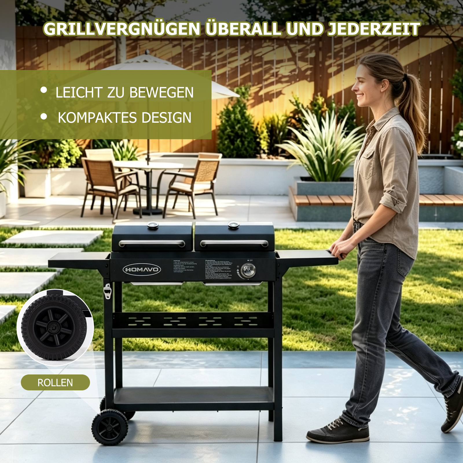 Eine Frau zieht einen schwarzen Homavo Gasgrill mit Rollen über eine sonnige Terrasse.