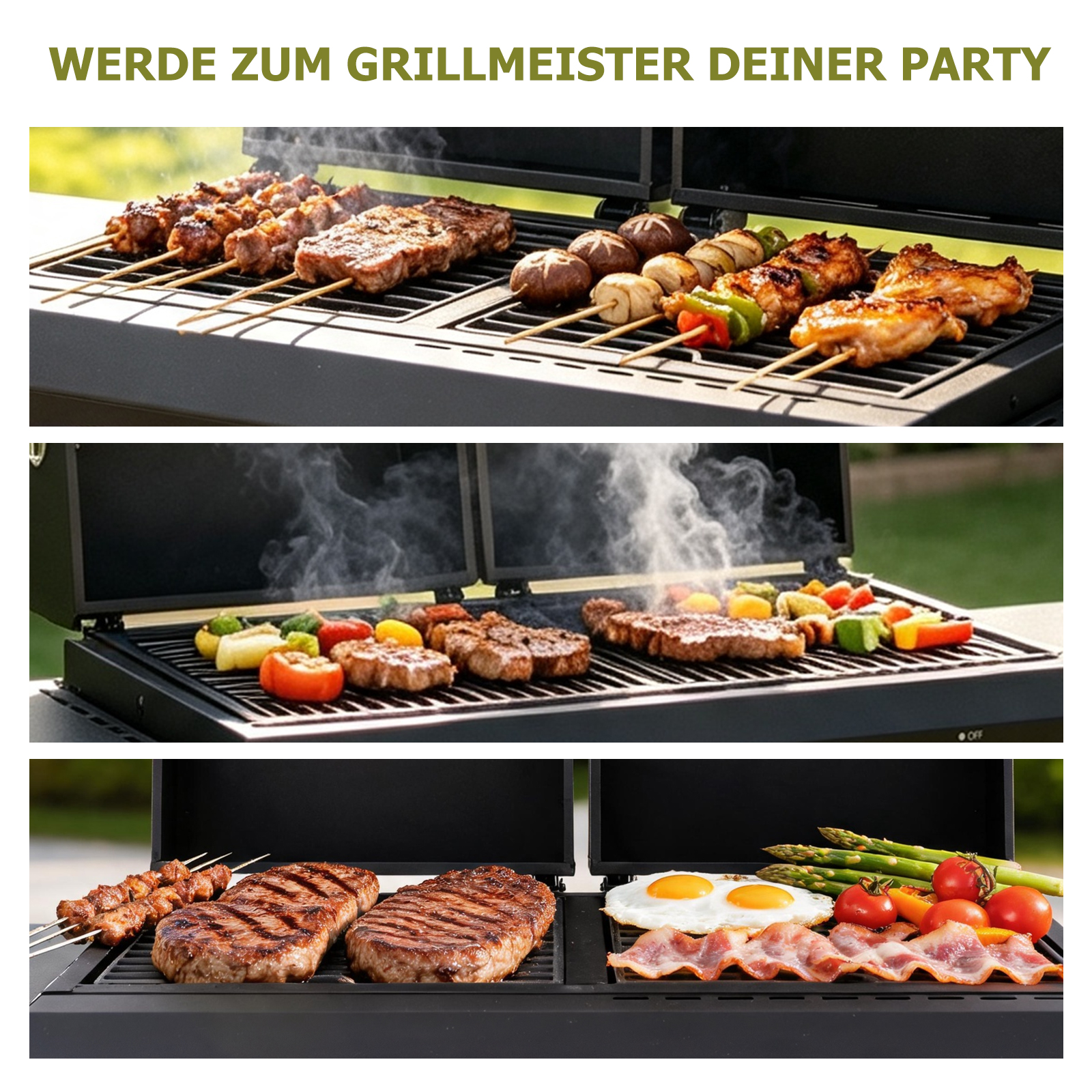 Verschiedene Fleischsorten, Gemüsespieße und Spiegelei mit Speck auf einem offenen Grill mit aufsteigendem Rauch.