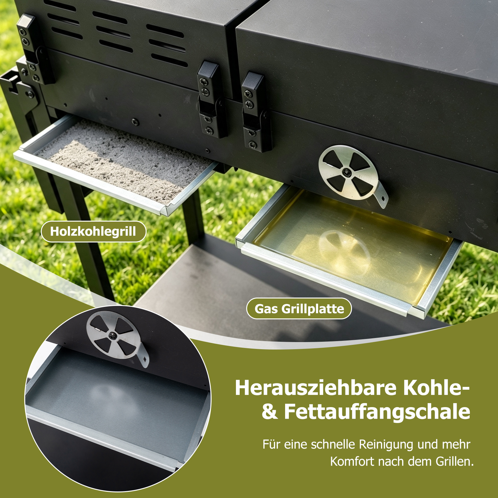 Schwarzer Grill mit herausziehbaren Schubladen für Kohle und Fett über grünem Rasen.