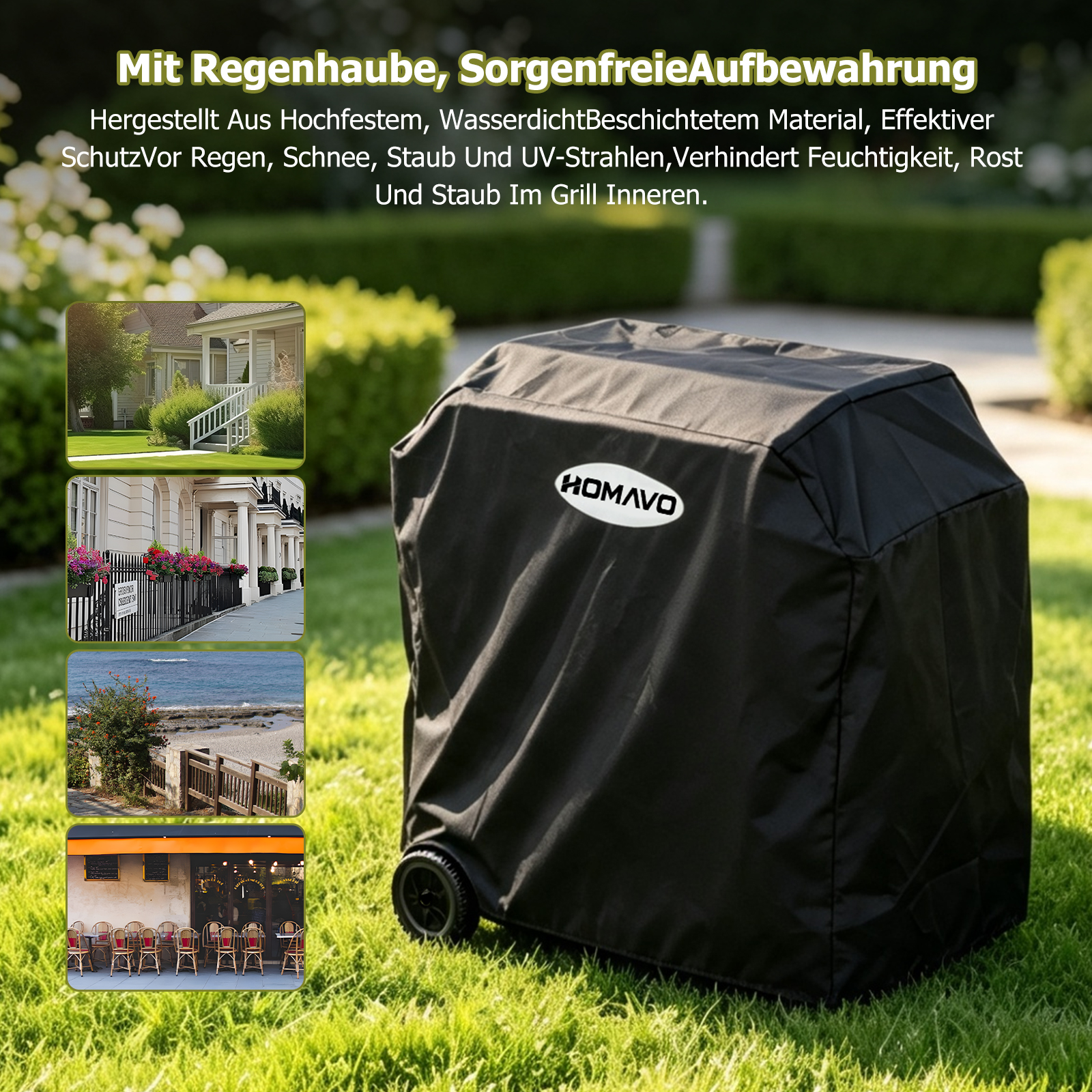 Schwarze Grillabdeckung auf Rasen mit vier kleinen Einheitsbildern links und deutschem Text oben.