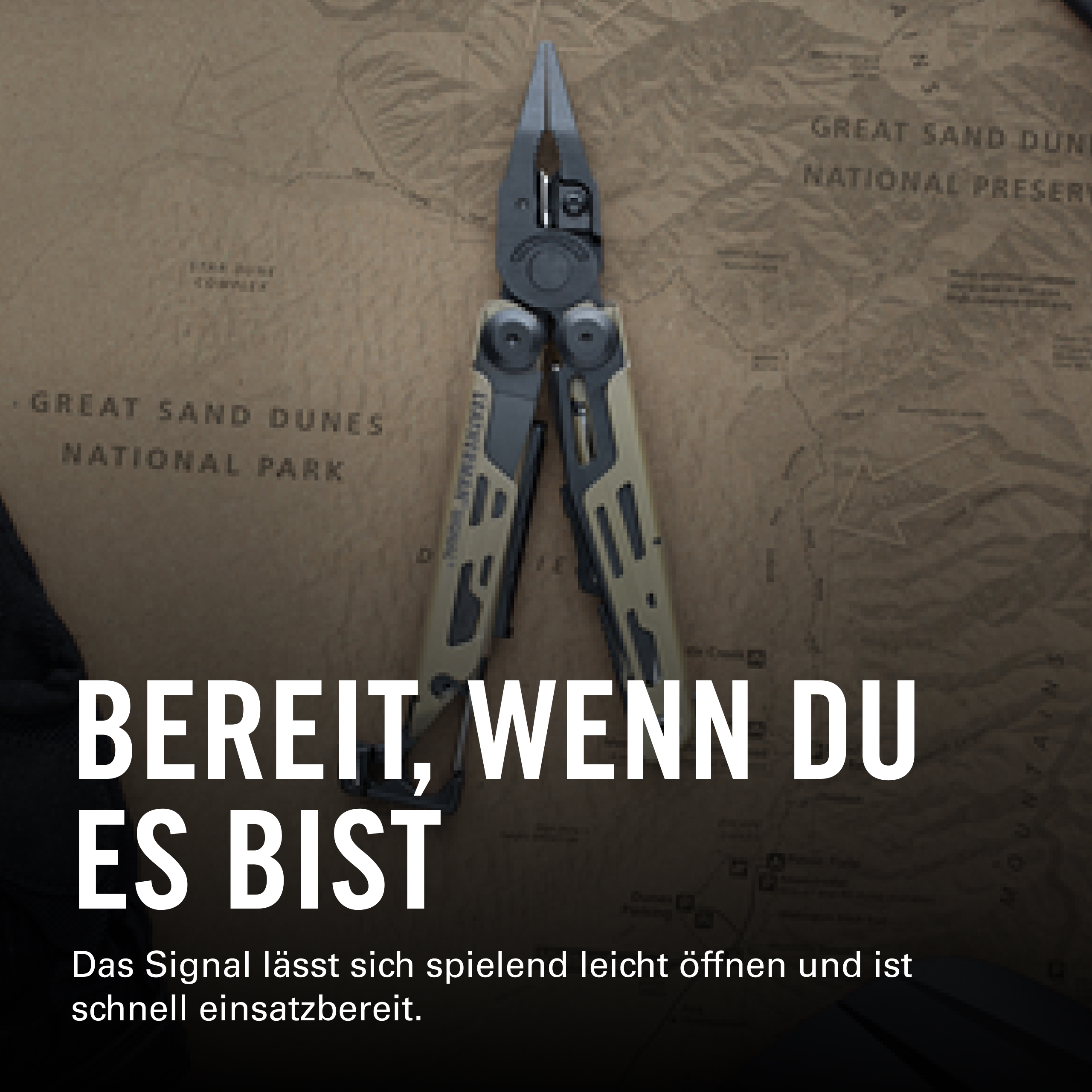 Un multitool fermé repose sur une carte marron. Un grand texte blanc indique: Prêt quand vous l'êtes.