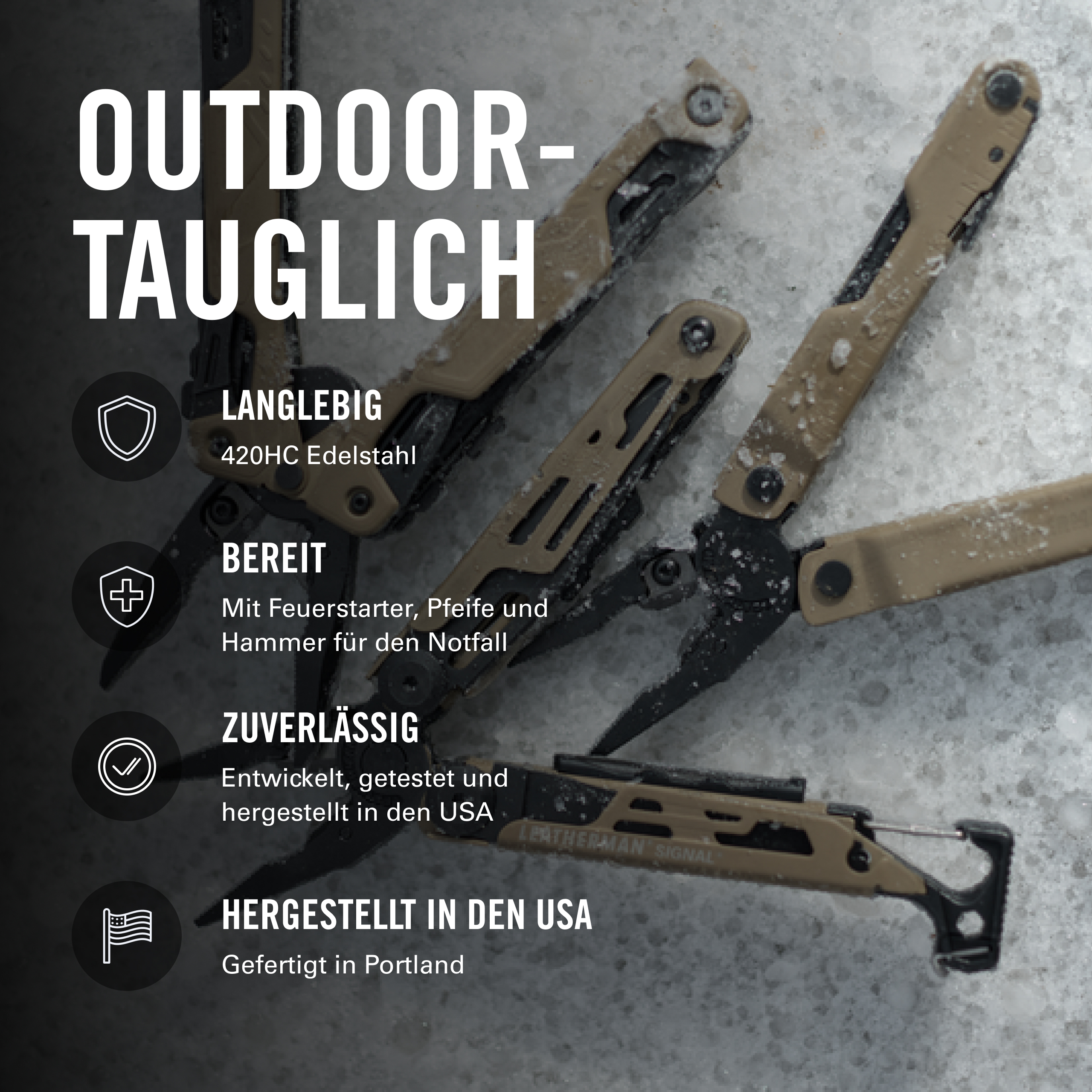 Plusieurs multitools Leatherman marron sur fond glacé avec du texte.
