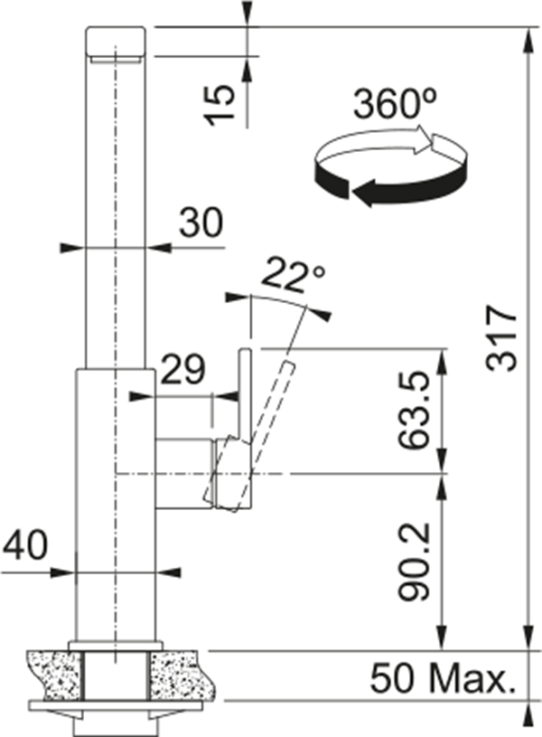 Ölçüleri ve 360 derece dönme simgesi olan bir mutfak bataryasının teknik resmi.