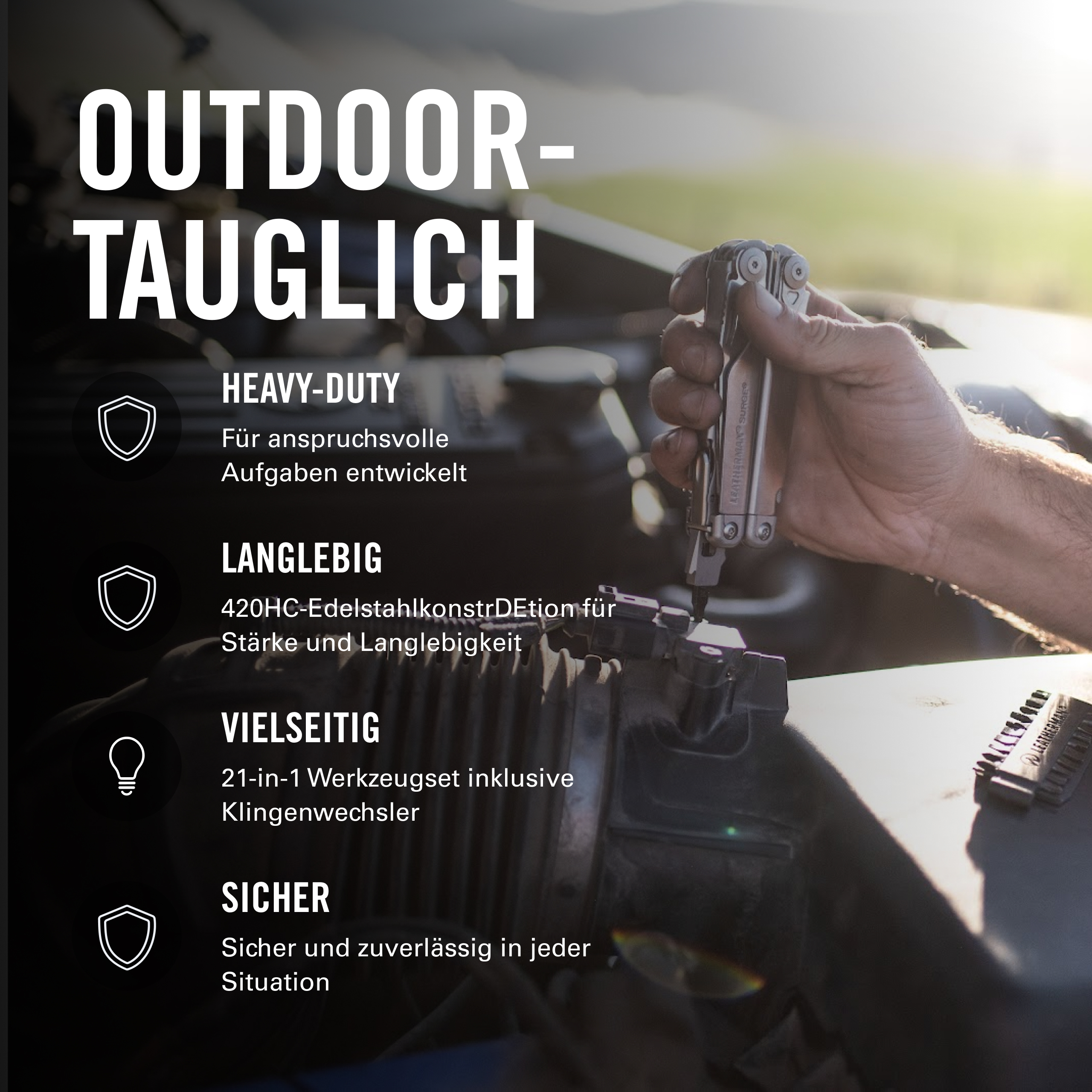 Eine Hand benutzt ein silbernes Multitool an einem Autoersatzteil, mit deutschem Werbetext im Hintergrund.