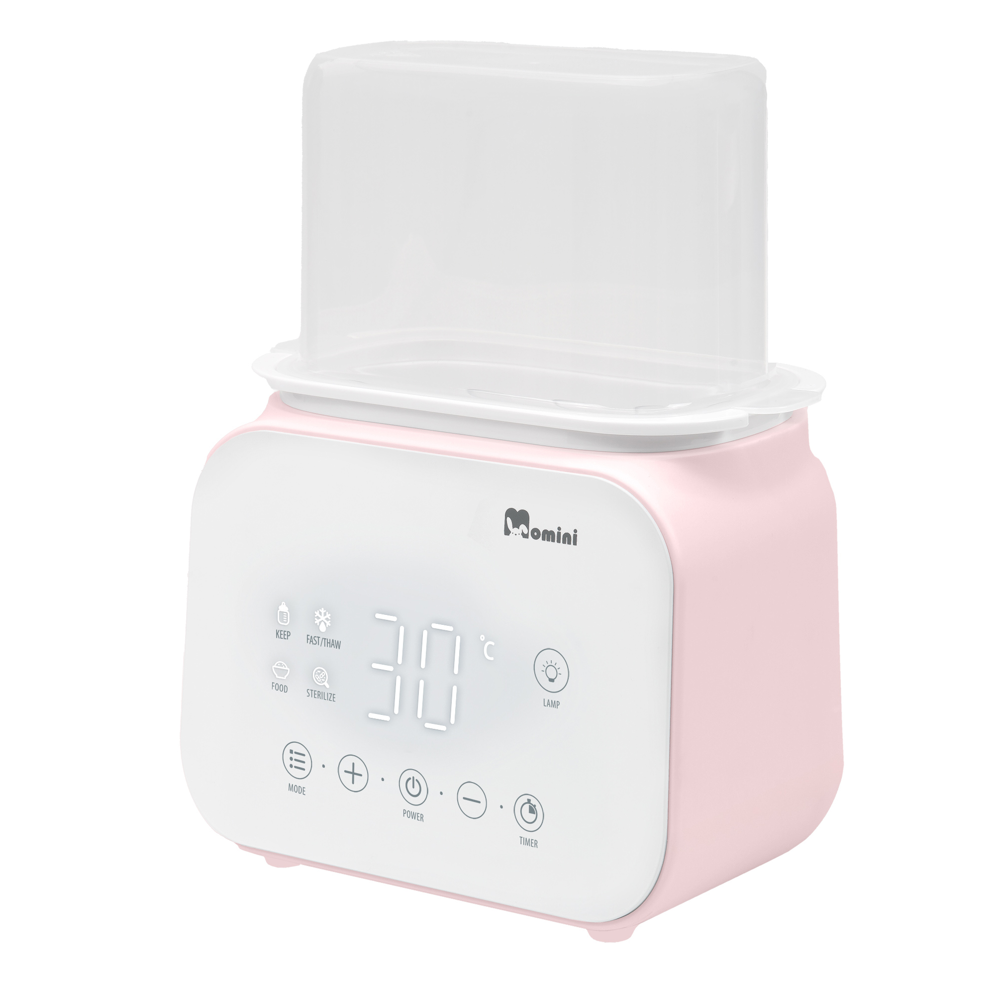 Rosa-weißer digitaler Babyflaschenwärmer mit durchsichtigem Deckel.