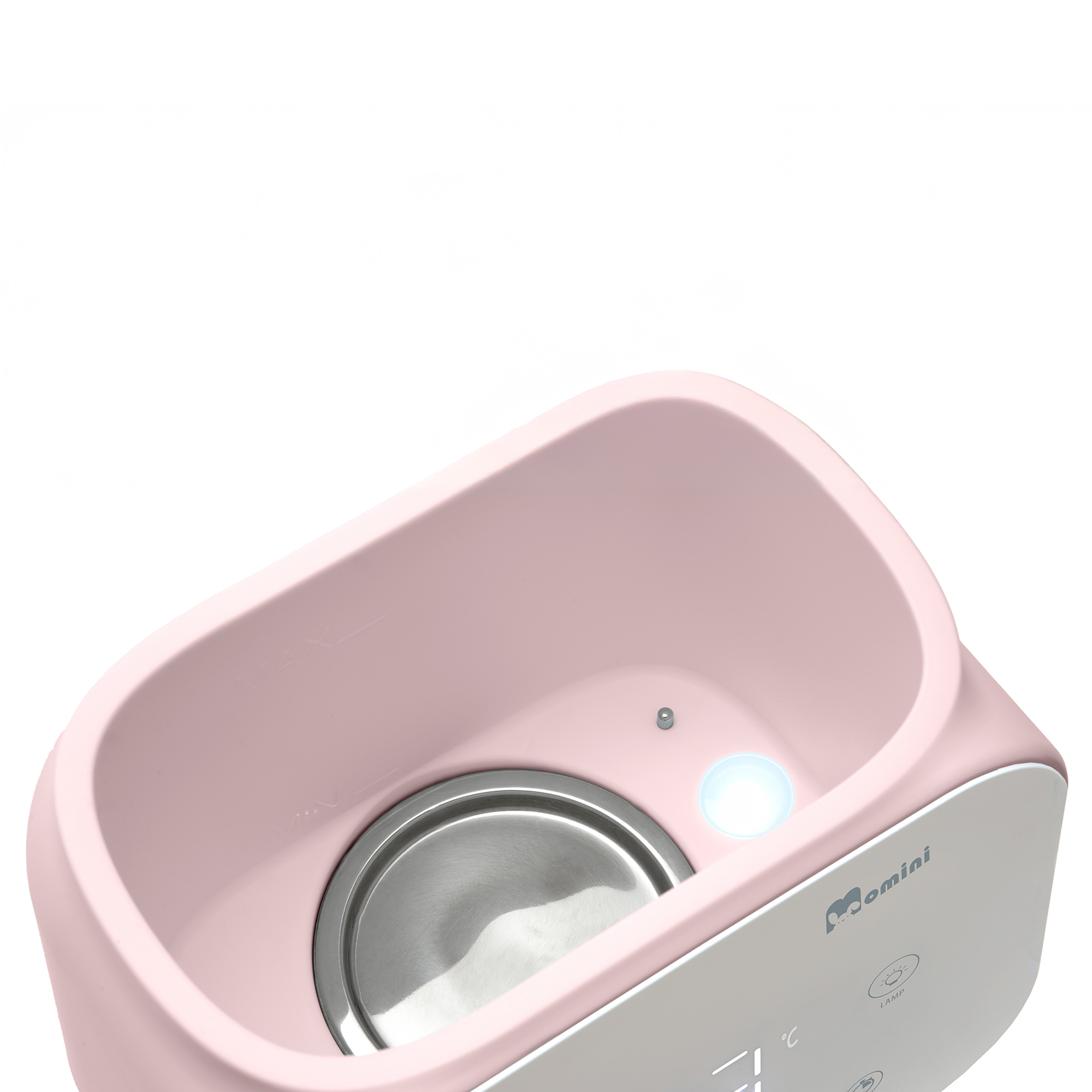 Rosa Babyflaschenwärmer mit silbernem Heizelement und LED-Leuchte auf weißem Grund.