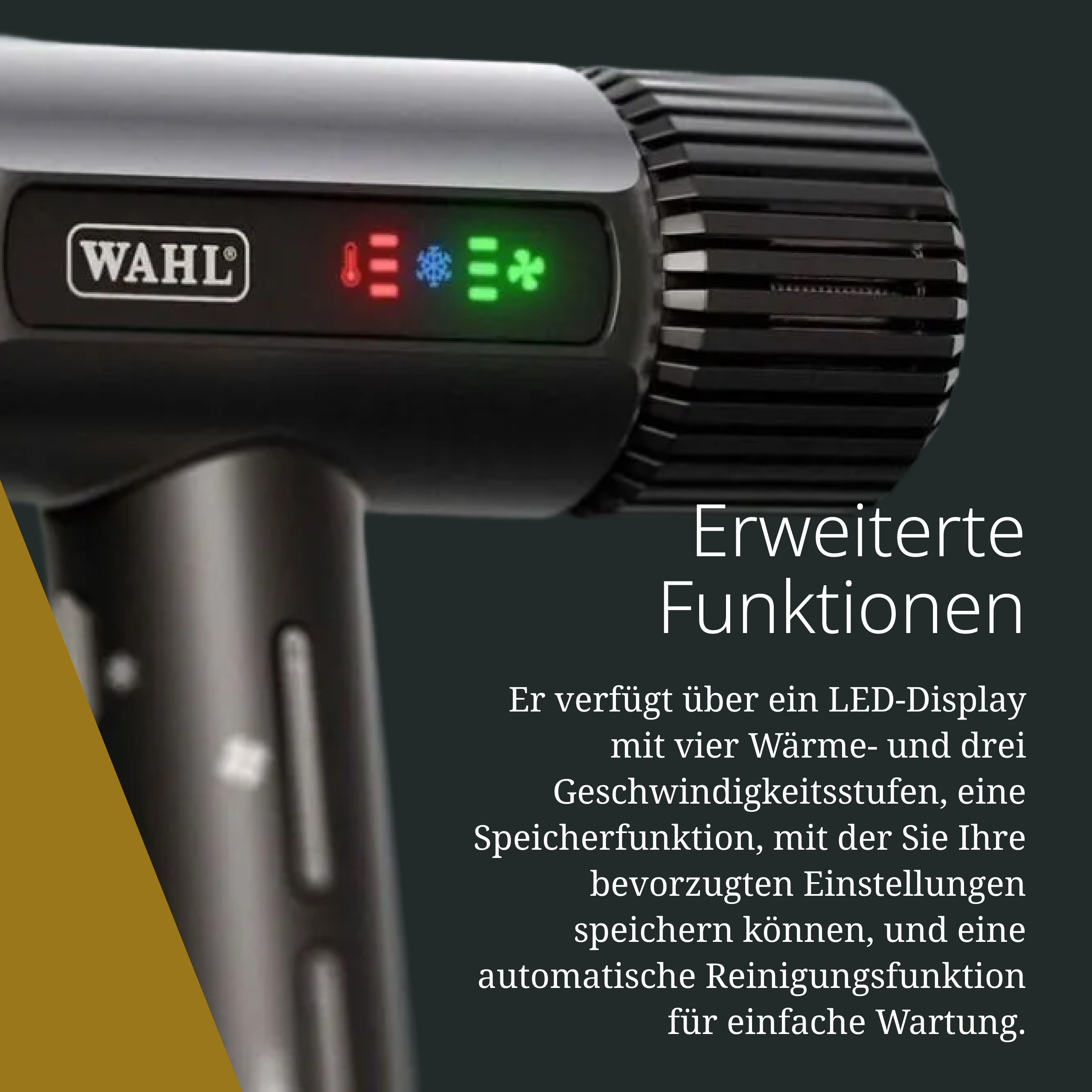 Asciugacapelli Wahl nero con display LED, testo in tedesco e impostazioni avanzate di calore e velocità su fondo scuro.