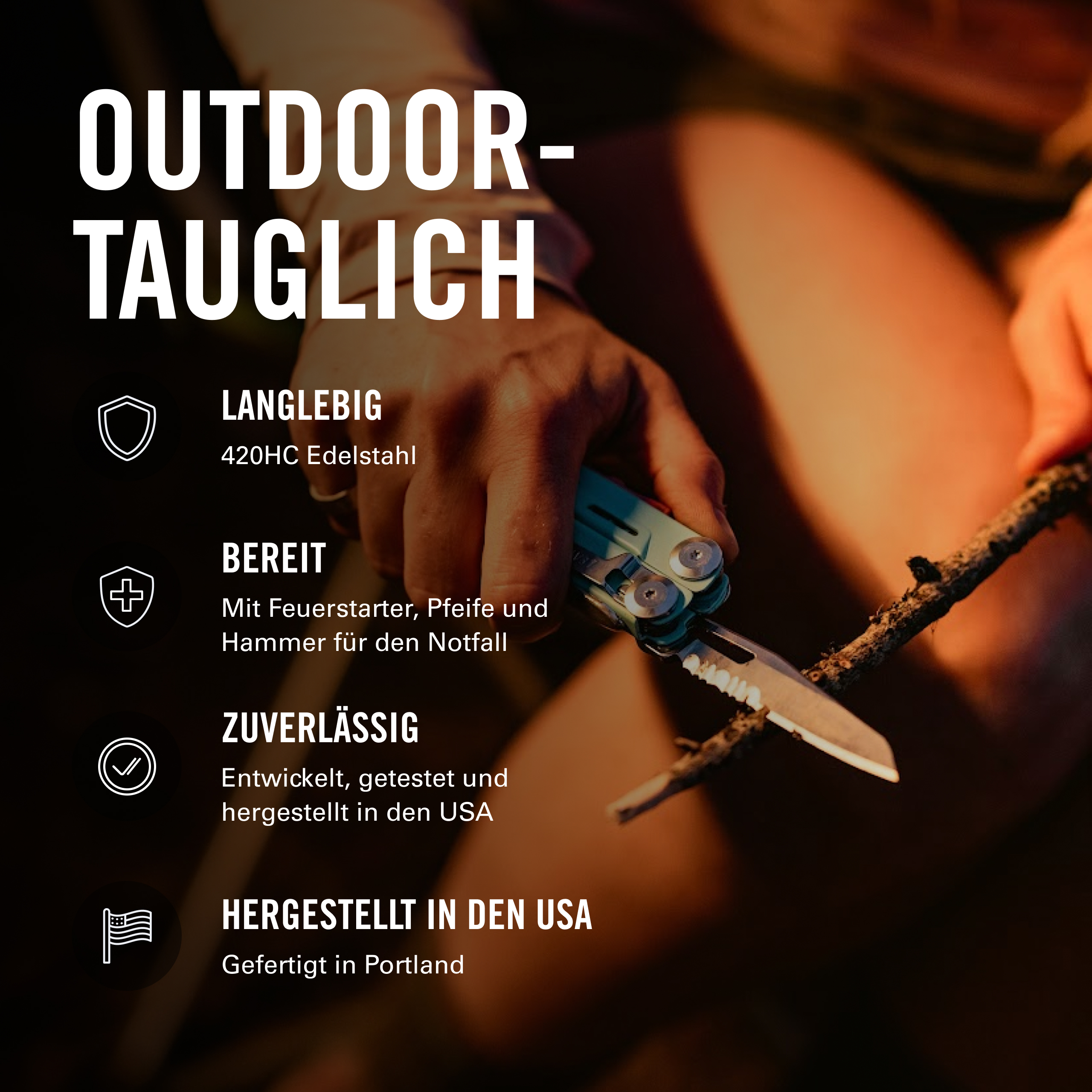 Eine Hand hält ein Multitool, um einen Ast zu schneiden, mit Text auf Deutsch und Icons.