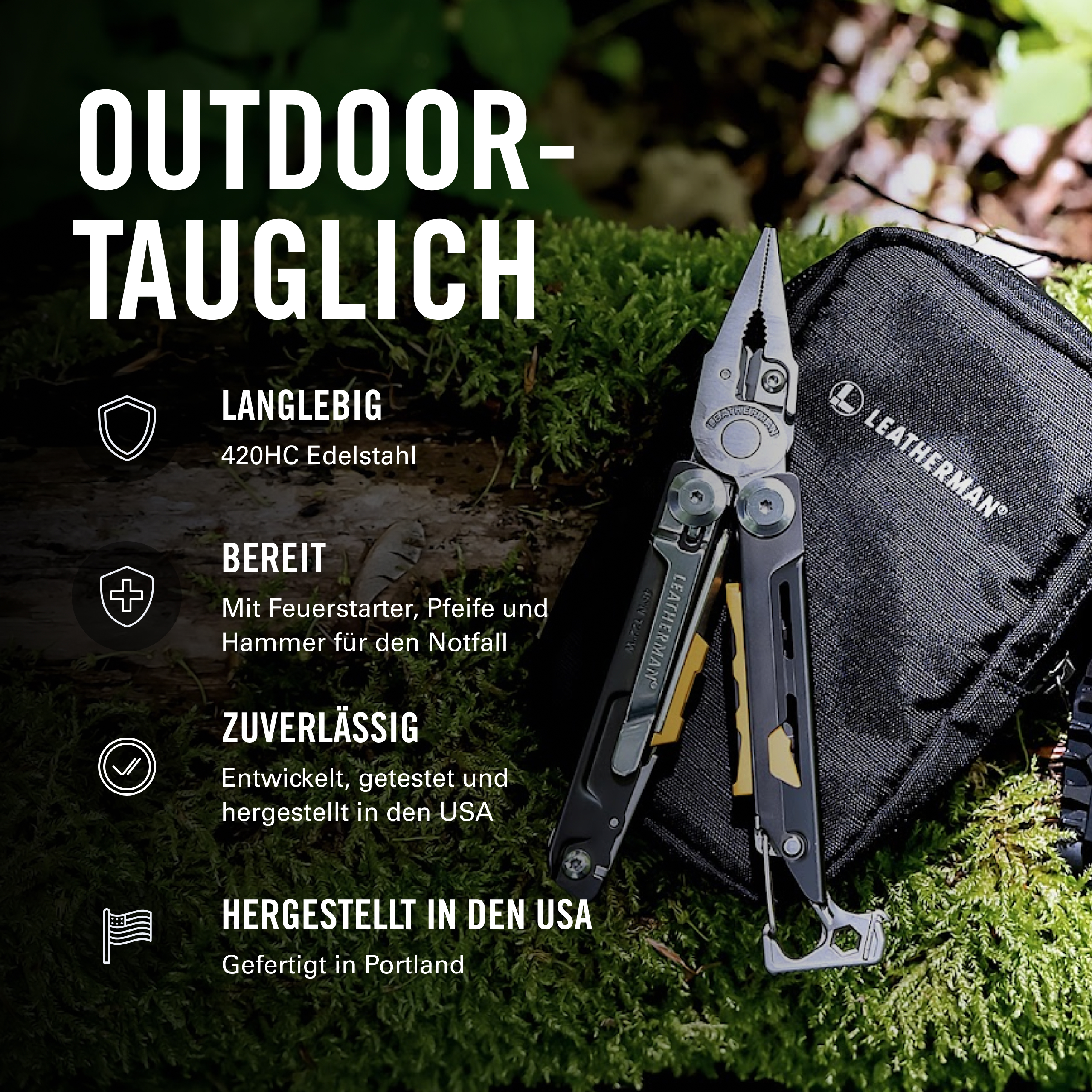 Ein Leatherman-Multitool liegt mit einem schwarzen Etui auf moosigem Waldboden, umgeben von deutschen Werbetexten.