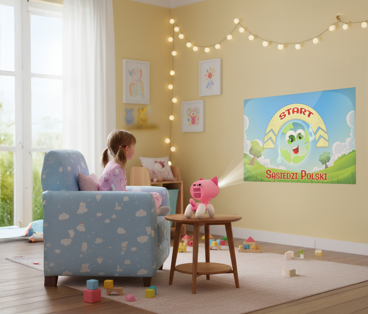 Ein kleines Mädchen sitzt in einem blauen Sessel und sieht sich einen Cartoon an, der von einem rosa katzenförmigen Projektor an die Wand projiziert wird.