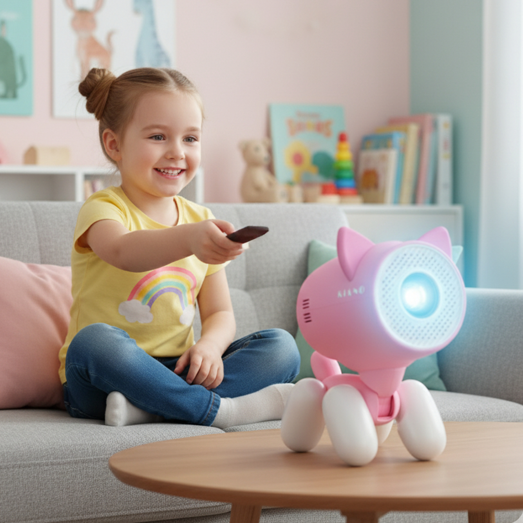 Ein kleines Mädchen sitzt auf einem Sofa und hält eine Fernbedienung vor einen pinken roboterartigen Projektor.
