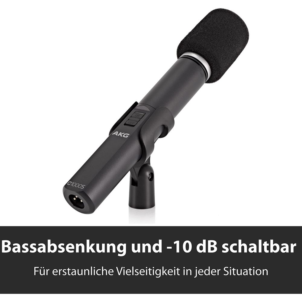 Microfono nero AKG C1000S su supporto con testo sul taglio dei bassi.