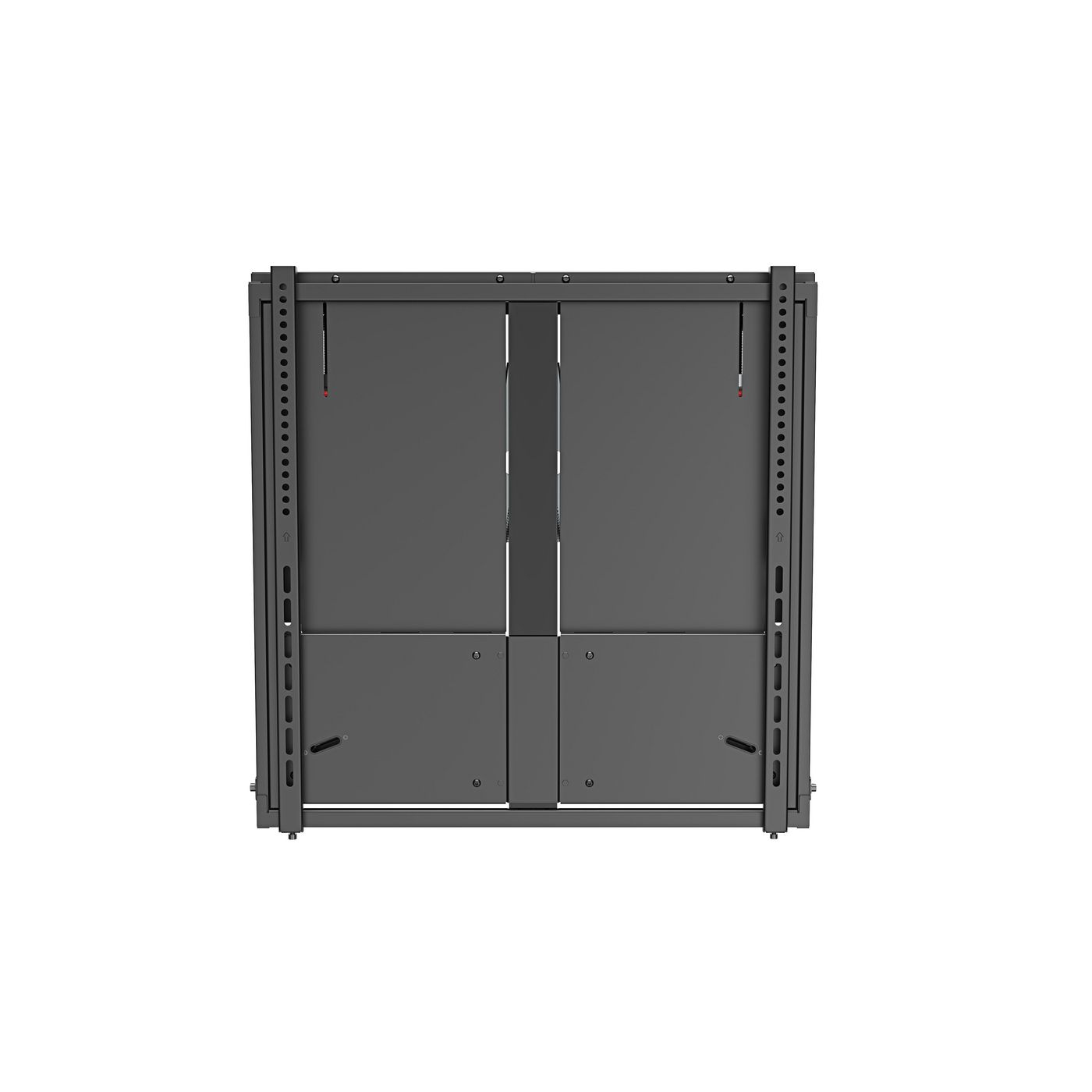 Un supporto da parete grigio per schermi con guide verticali e viti.