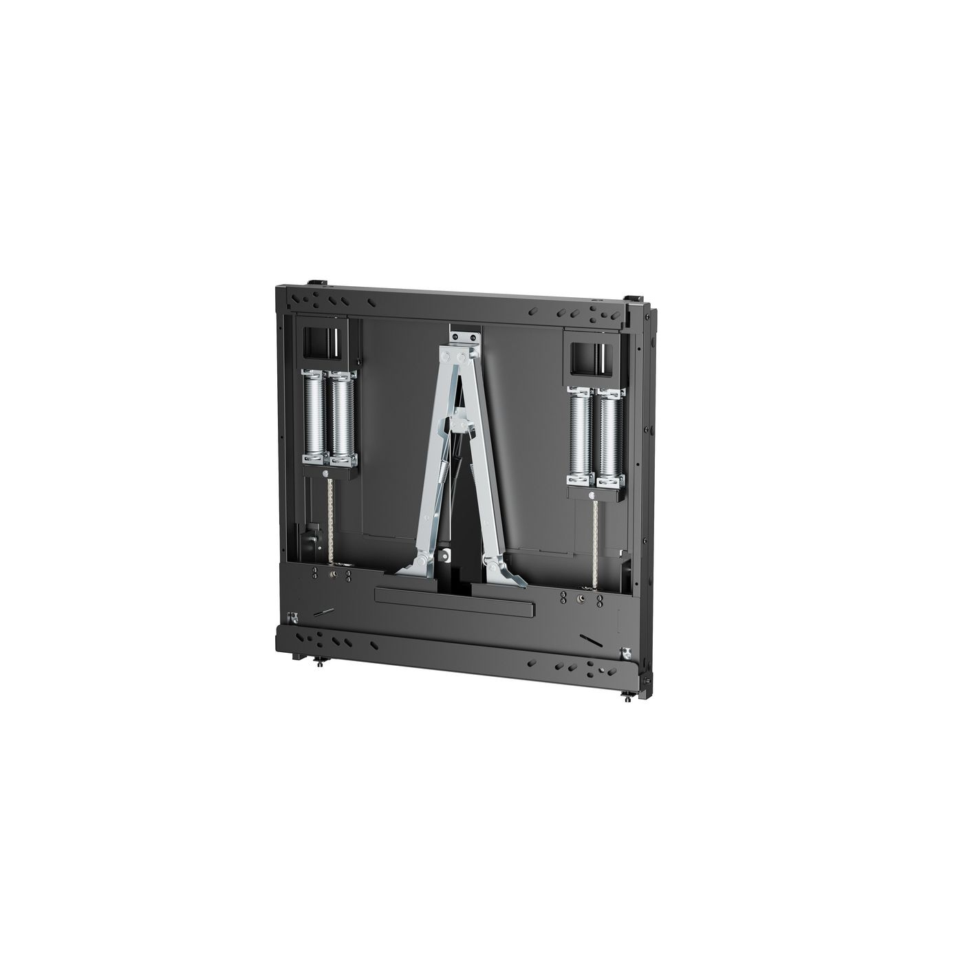 Supporto da parete nero per TV con meccanismi a molla visibili e montanti a forma di A su sfondo bianco.