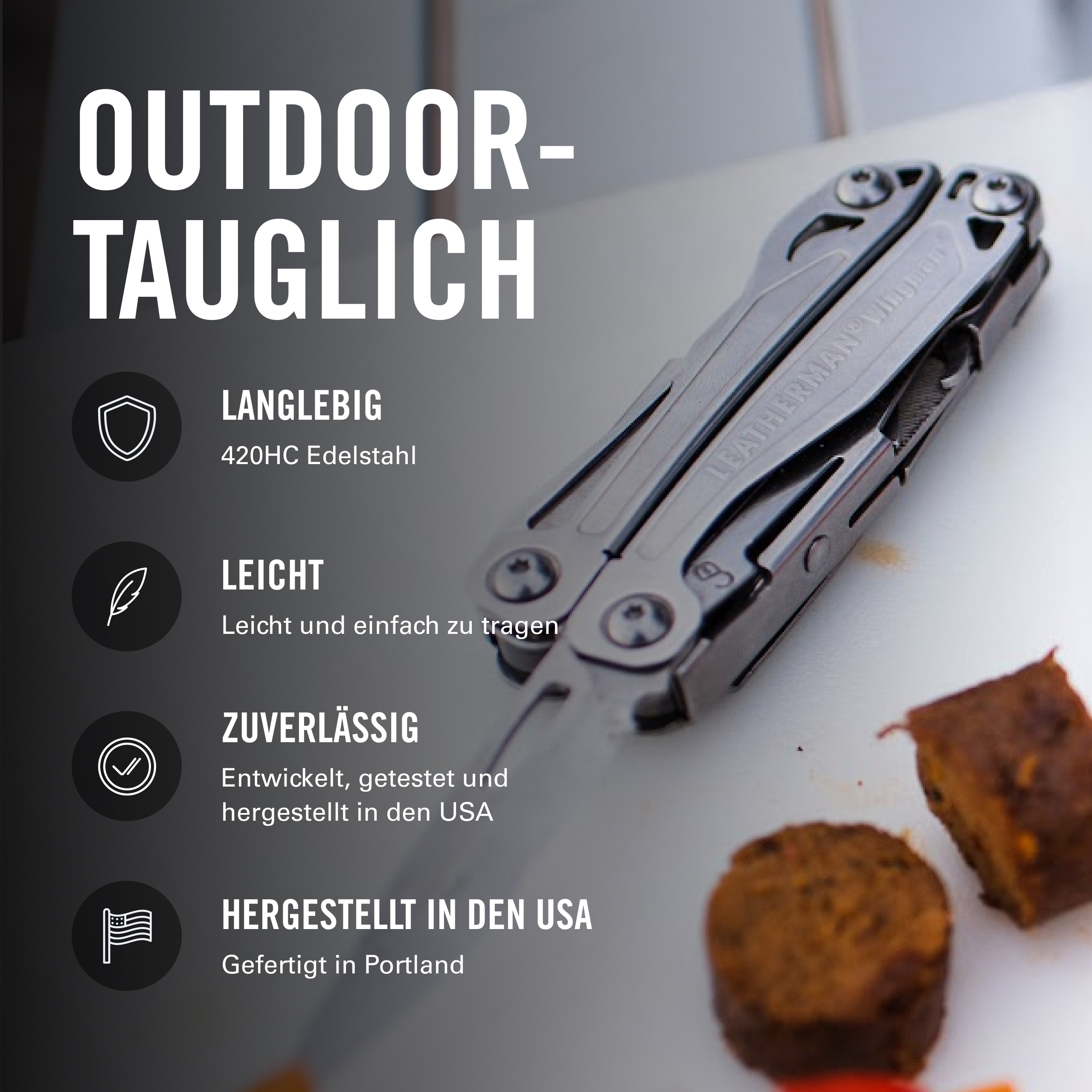 Ein Leatherman Multi-Werkzeug und Fleischwürfel auf weißem Untergrund mit deutscher Produktinfo.