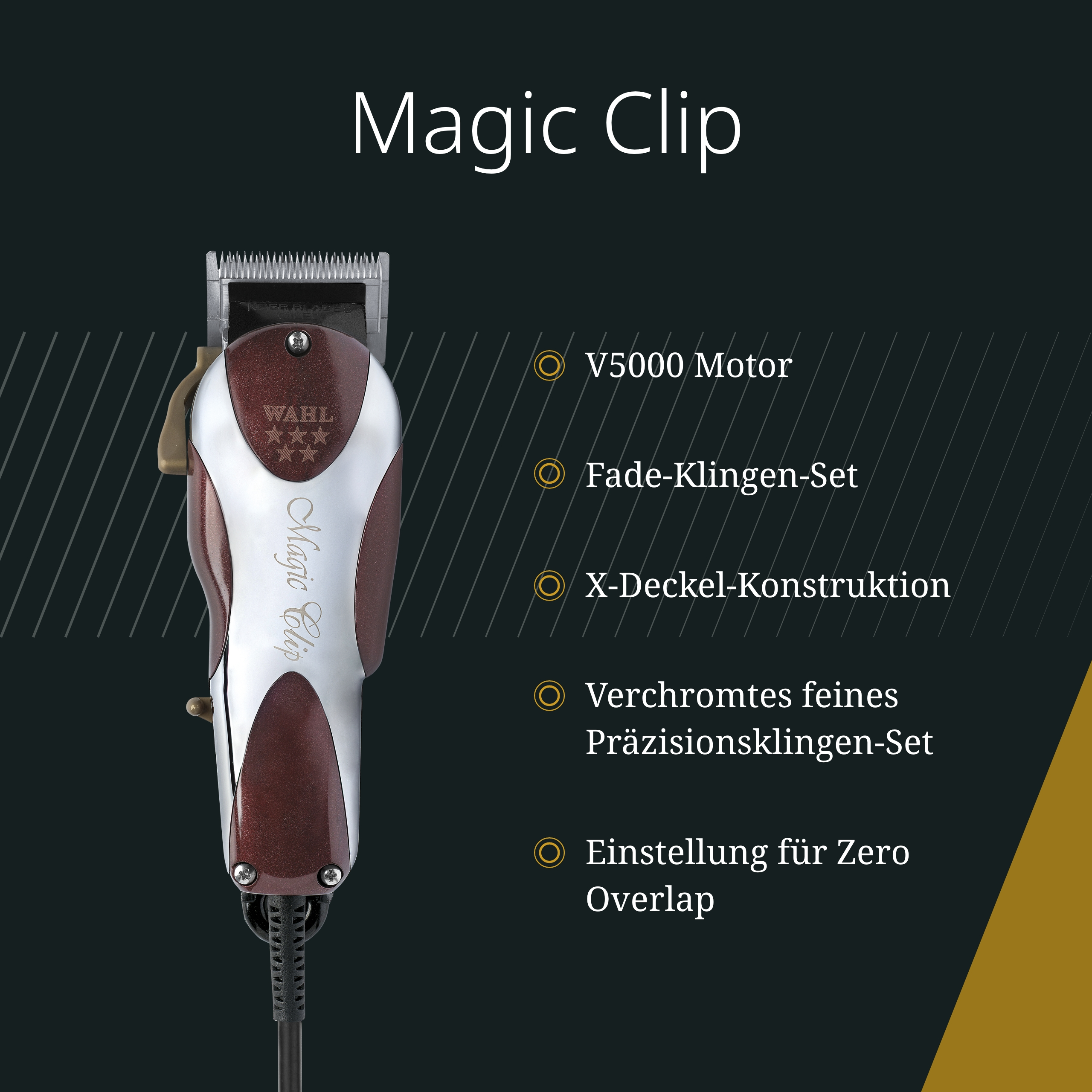 Tagliapassaggi Wahl Magic Clip con corpo rosso e argento su sfondo nero che mostra le caratteristiche.