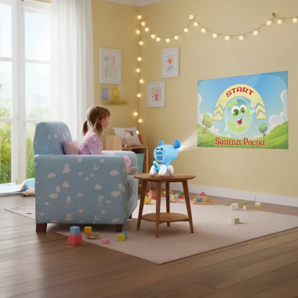 Un bambino siede su una poltrona blu guardando un cartone animato proiettato sulla parete gialla.