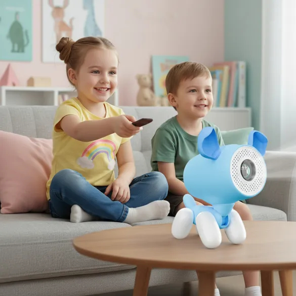 Una bambina con un telecomando e un bambino siedono su un divano vicino a un cane robotico blu.