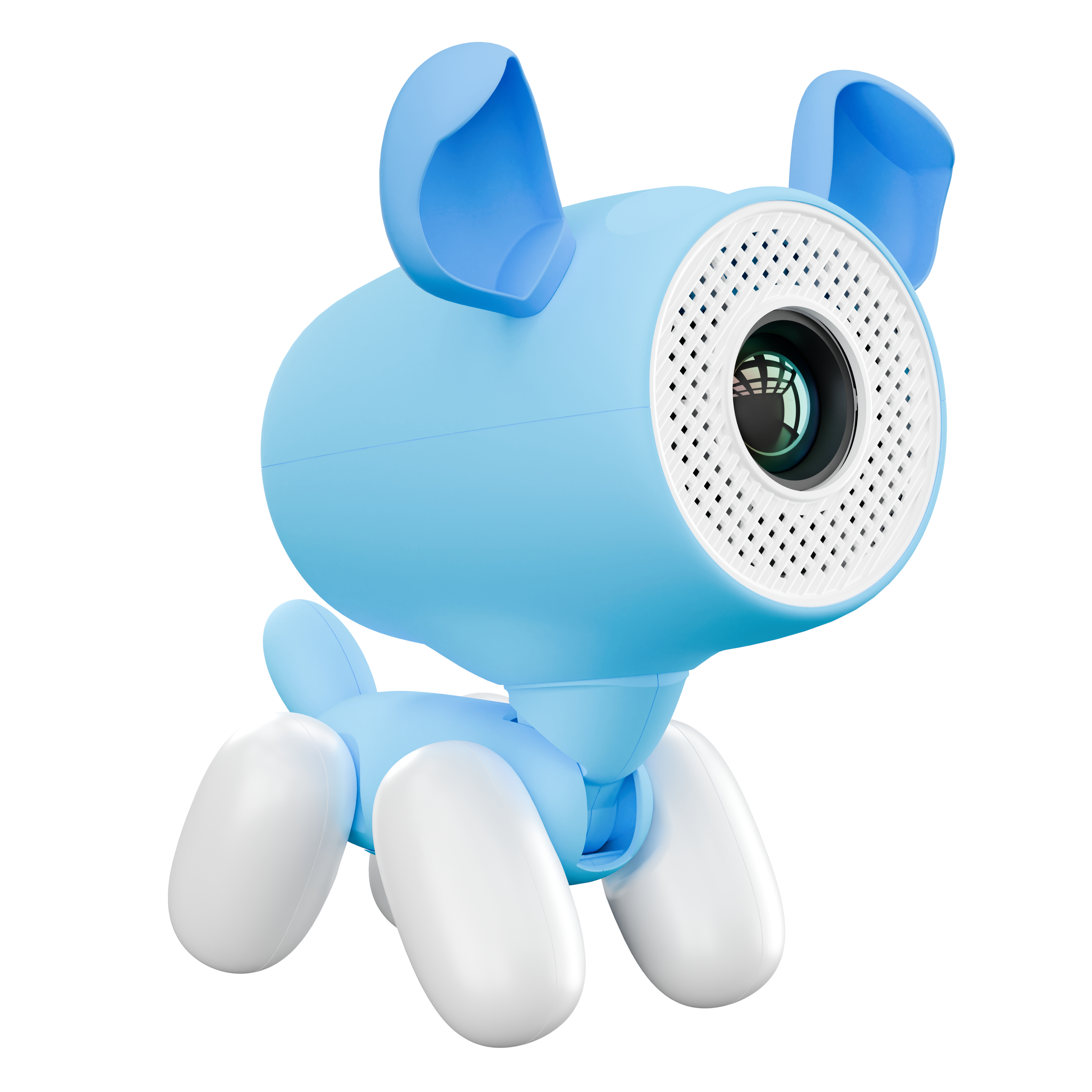Un cane robot blu con l'obiettivo di una fotocamera come viso e quattro zampe bianche rotonde su sfondo bianco.
