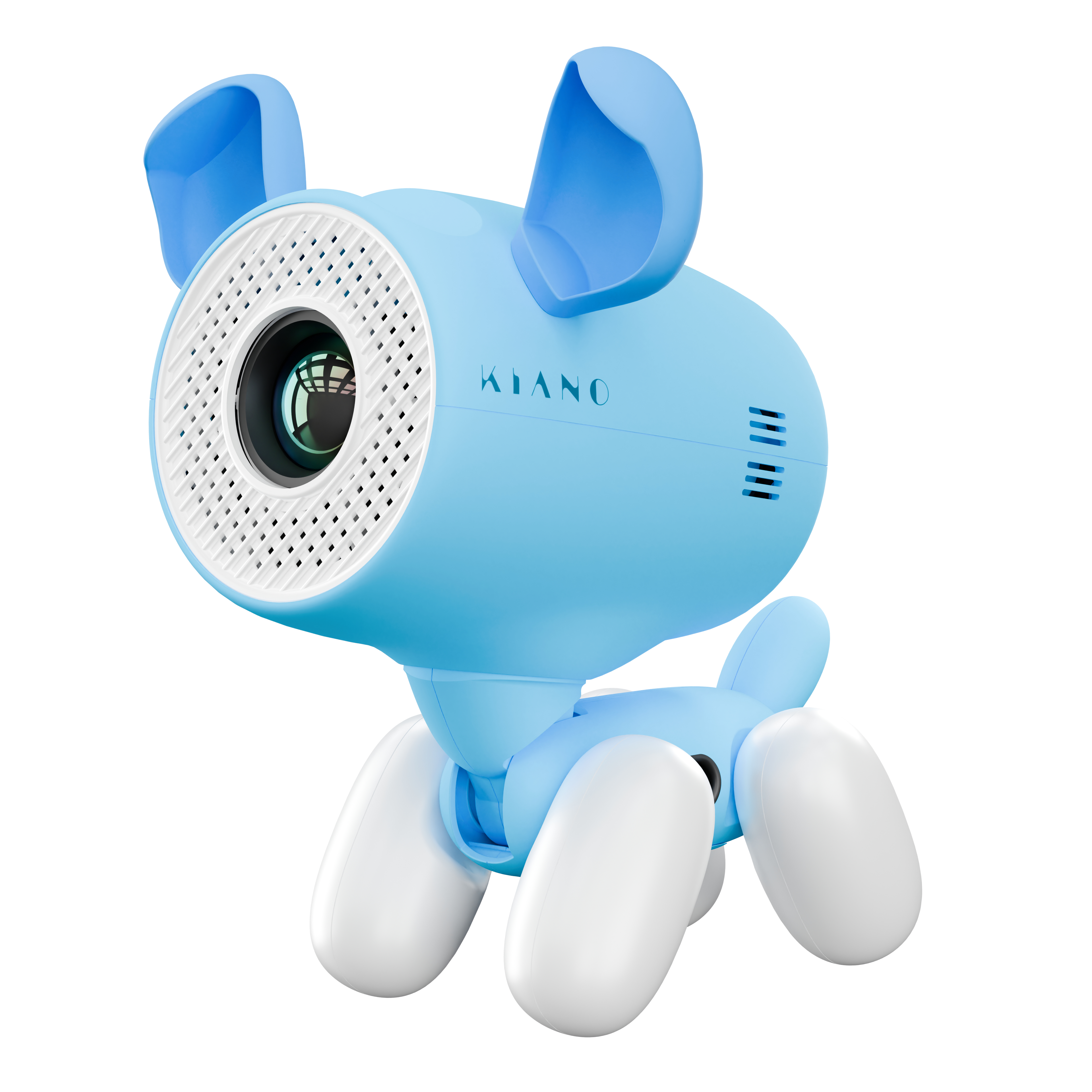 Un cane robot giocattolo azzurro e bianco con grandi orecchie e obiettivo su sfondo bianco.