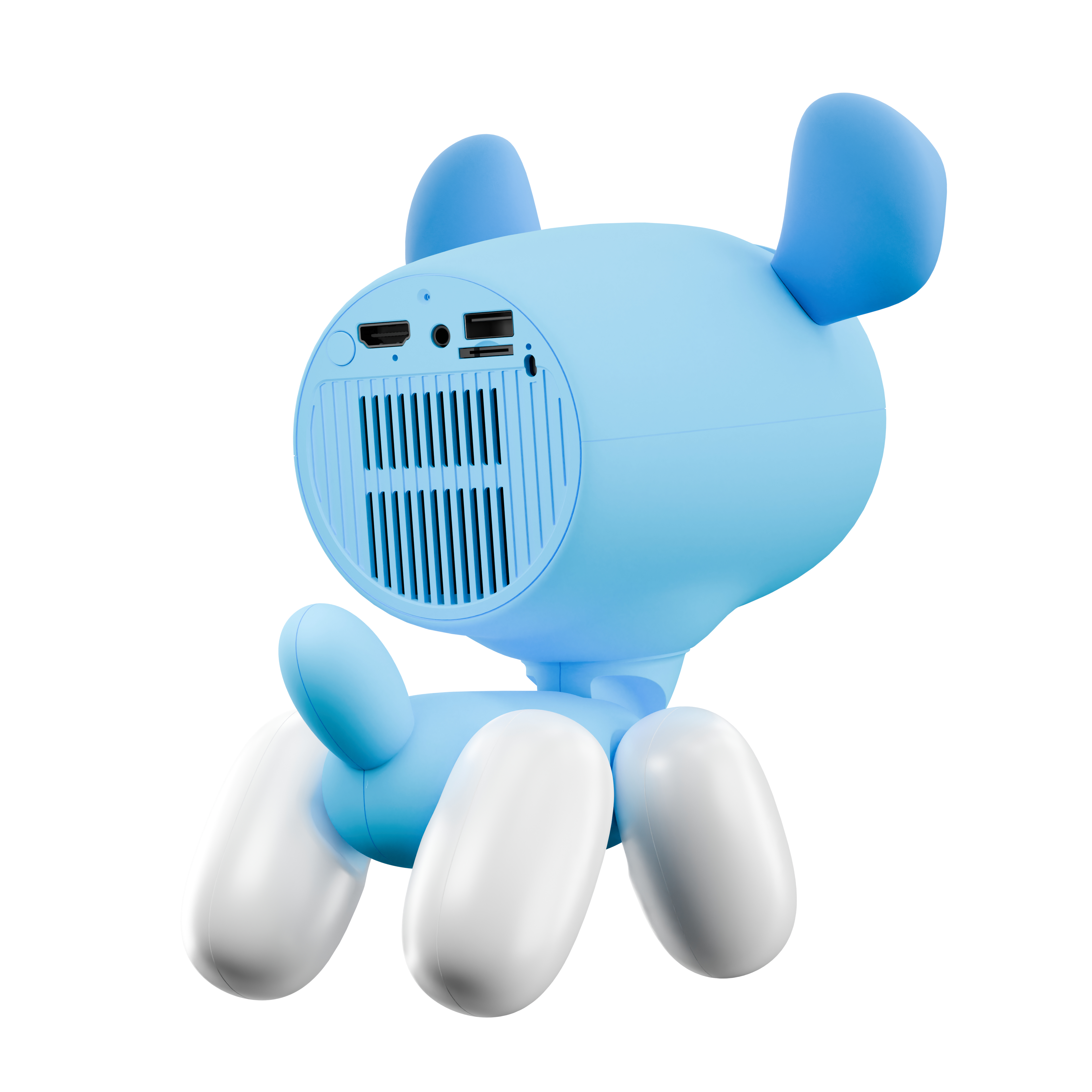 Un proiettore blu a forma di cane con gambe bianche mostra porte di connessione sul retro.