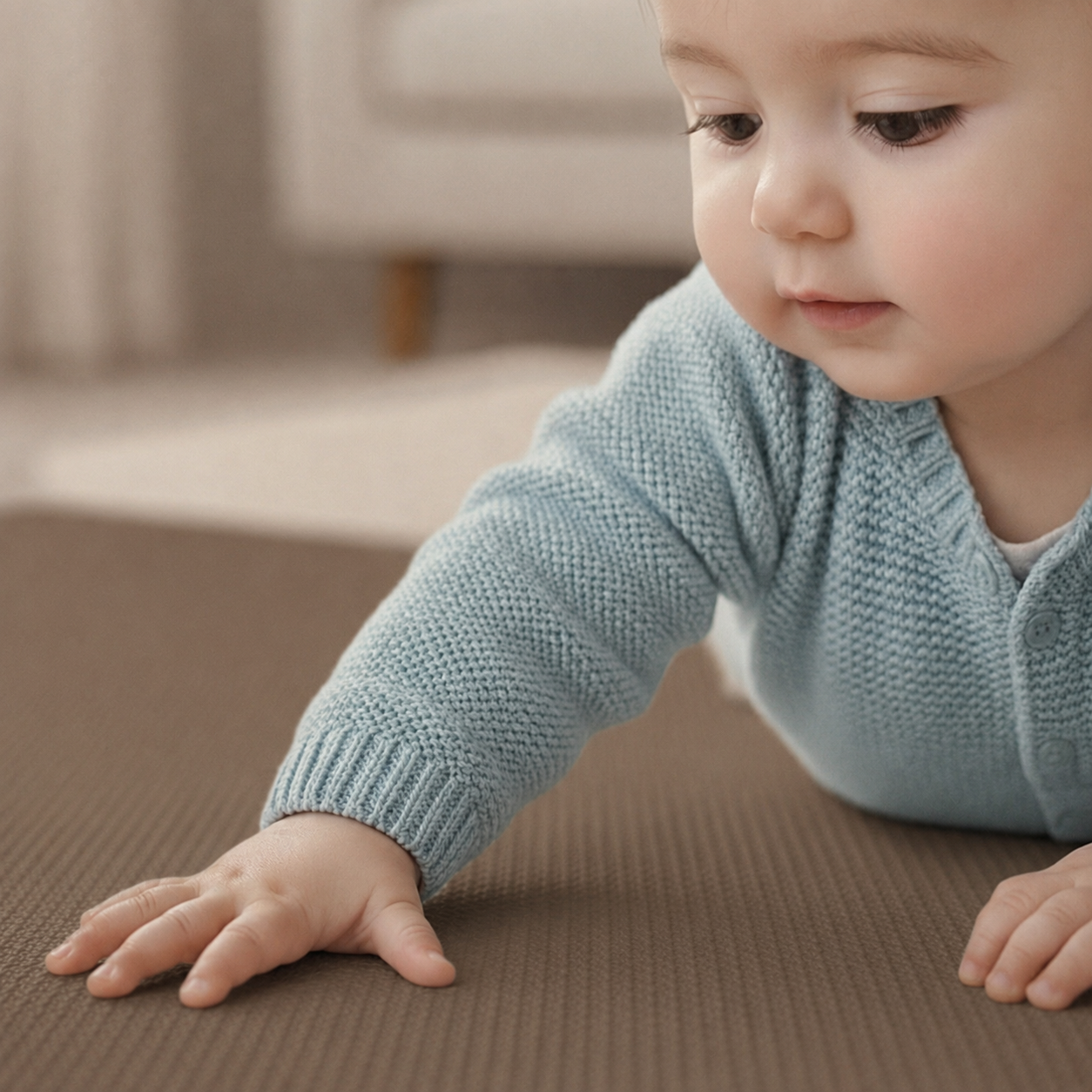 Ein Baby in einem blauen Pulover krabbelt auf einer braunen Matte.