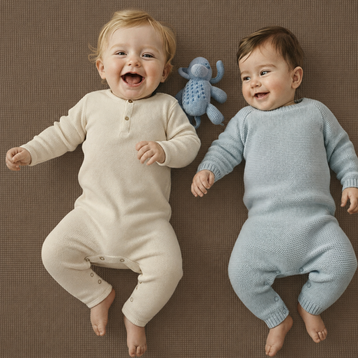 Zwei glückliche Babys liegen auf einer braunen Matte mit einem blauen Kuscheltier.