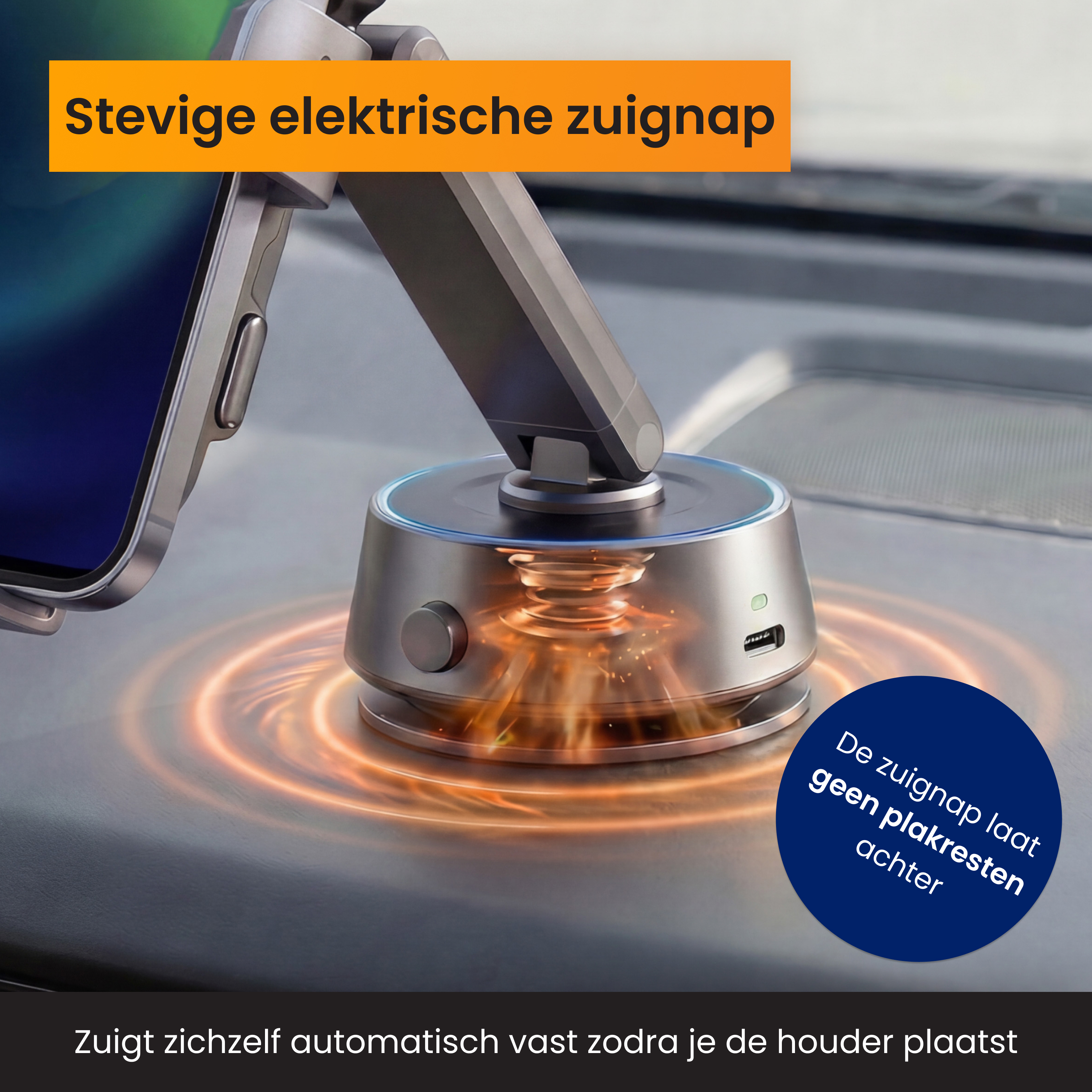 Stevige elektrische zuignap voor autohouder op het dashboard.