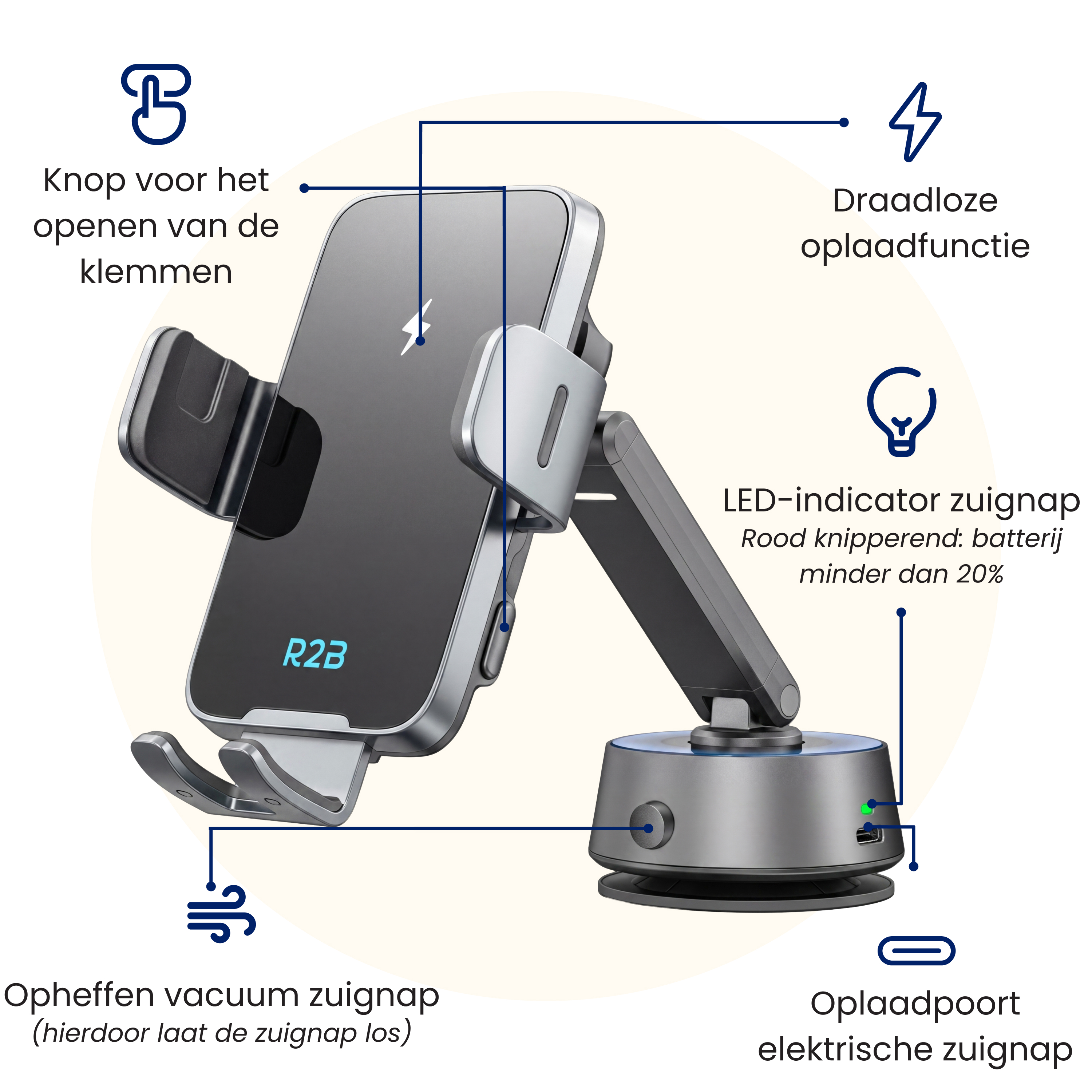 Een smartphonehouder met draadloos opladen, zuignapvoet, ontgrendelingsknop en LED-indicator.