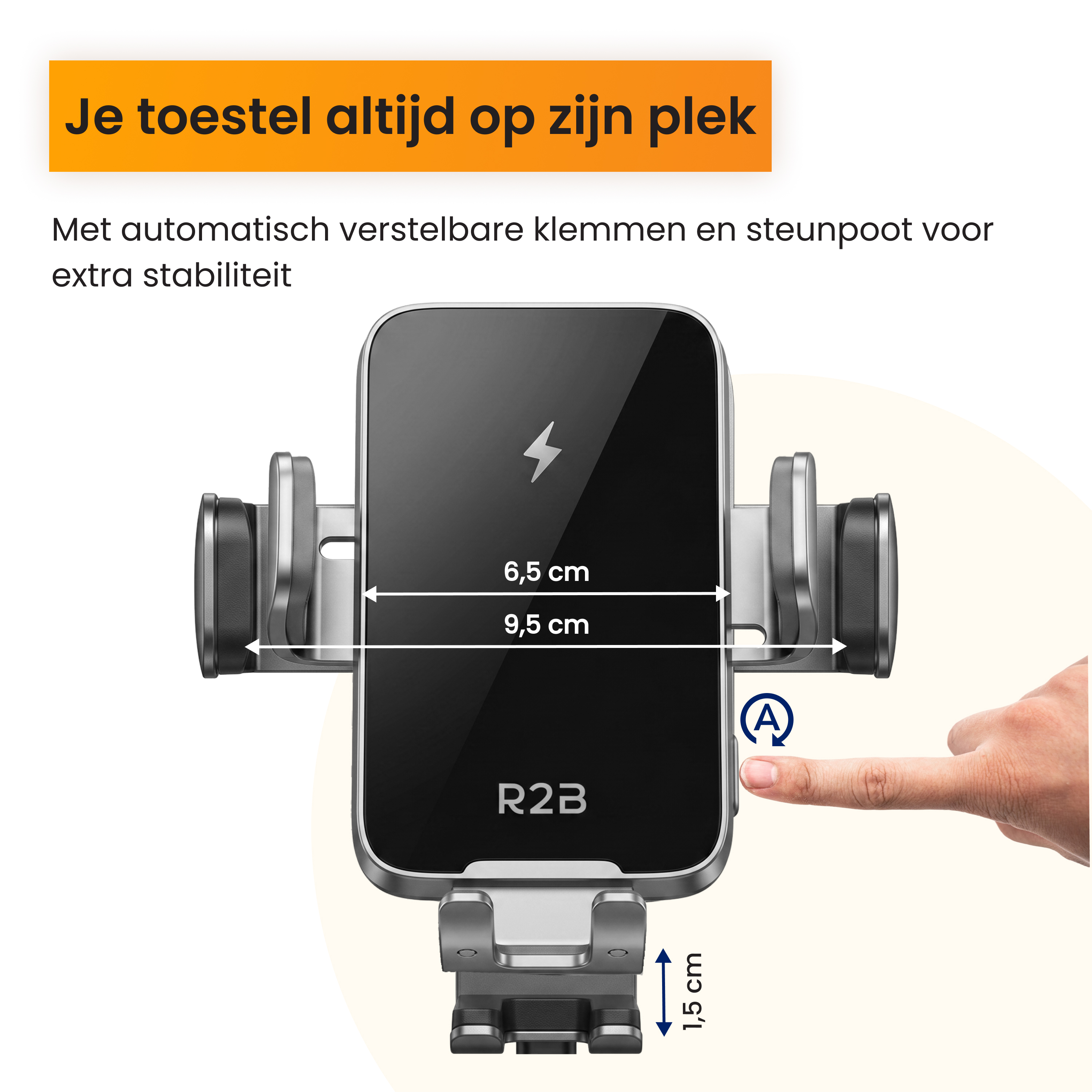 Telefoonhouder met automatische klem en afmetingen van 6,5 cm tot 9,5 cm.