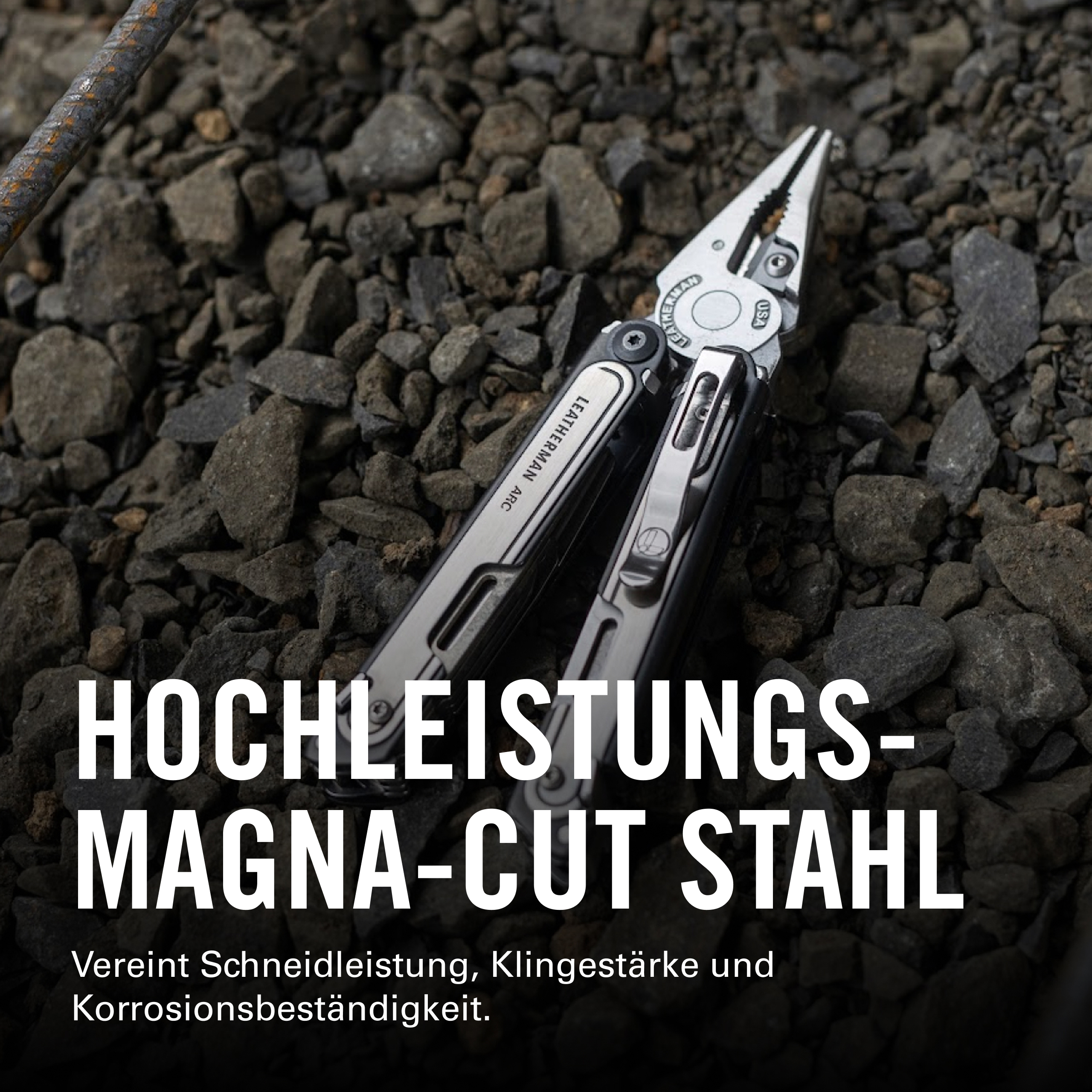 Una multiherramienta Leatherman sobre grava gris. Texto blanco en primer plano.
