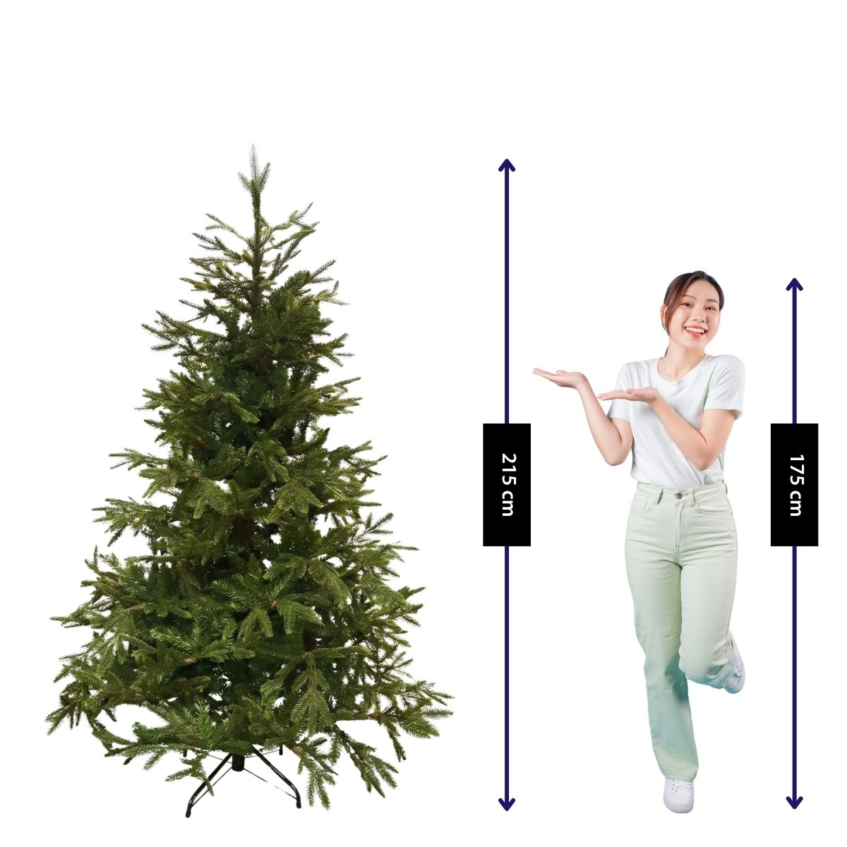 A woman stands next to a 215 cm tall artificial Christmas tree, showing her height of 175 cm for scale.