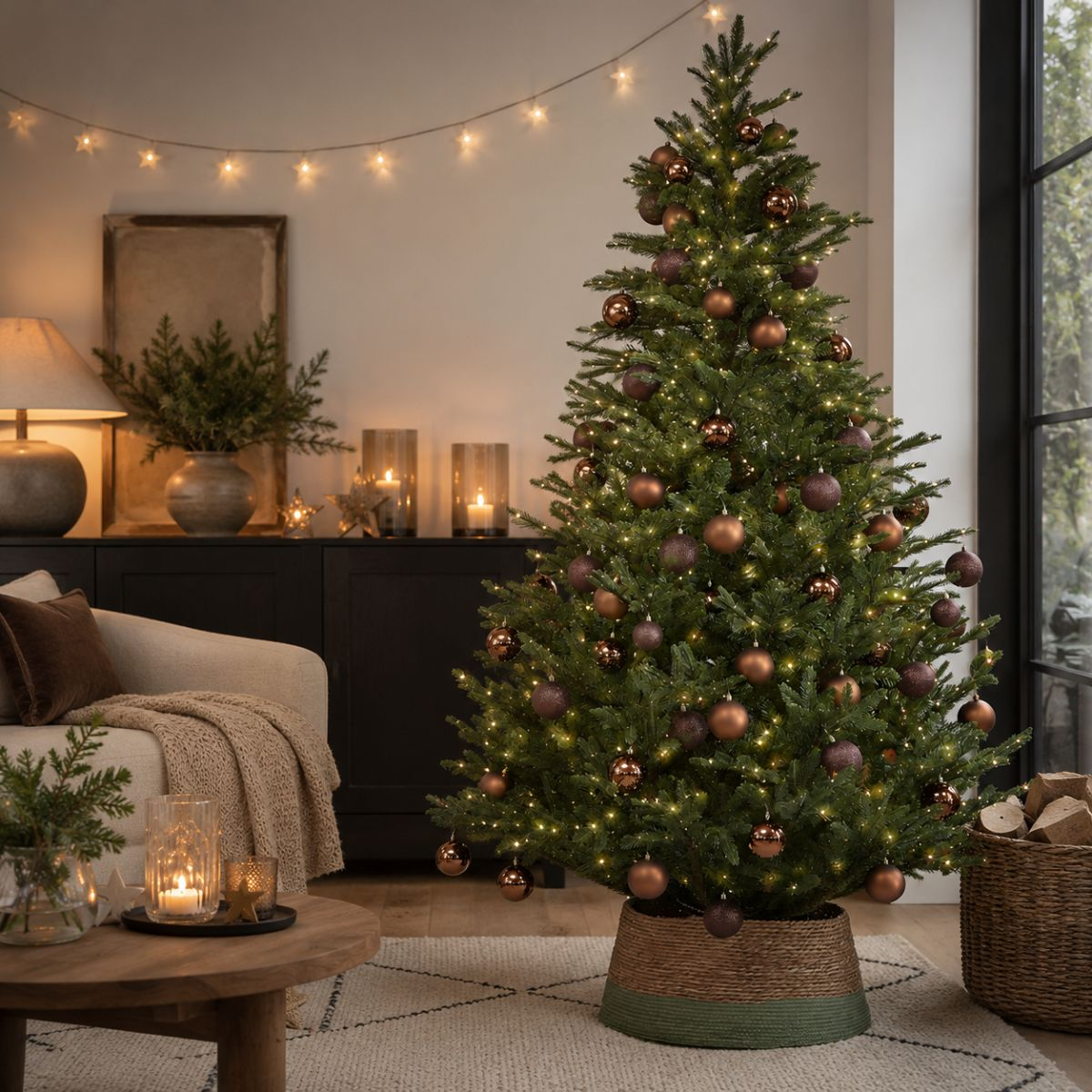 A decorated Christmas tree with bronze ornaments stands in a warmly lit living room next to a sofa.
